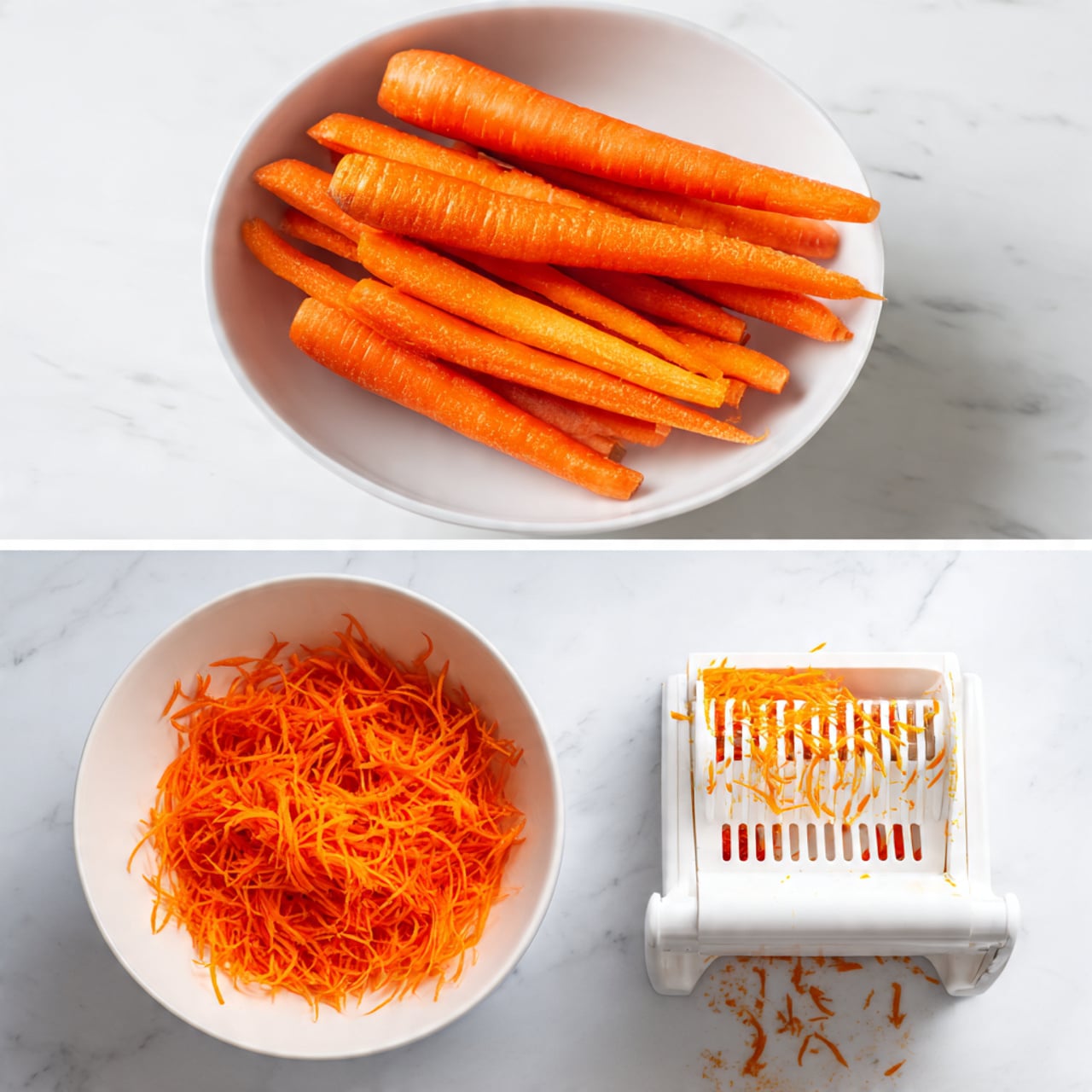 The image shows two scenes stacked vertically on a white marbled surface. The top scene features a white bowl filled with eight long, bright orange carrots, placed next to a white mandoline slicer with some orange residue on its blades and surface. The bottom scene displays the same white bowl now filled with a pile of finely shredded carrot strands, which have a vivid orange color and a thin, delicate texture, sitting next to the same white mandoline slicer with more visible orange residue. Photo taken with an iphone --ar 4:5 --v 7