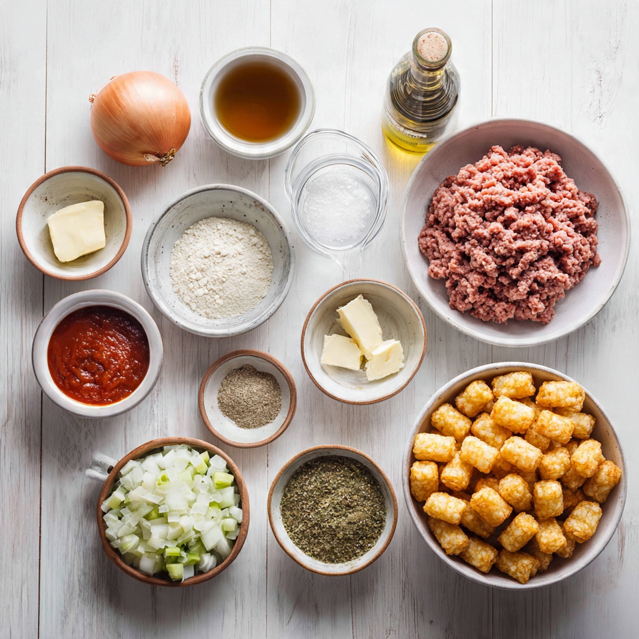 A light blue cast iron skillet sits on a white marbled surface with finely chopped onions, soft white and slightly golden, spread evenly in a single layer at the bottom of the pan; next to this, the same skillet shows the onions still present with a rectangular block of raw ground meat on the right side, its pinkish-red color and stringy texture contrasting with the soft onions beneath it. photo taken with an iphone --ar 4:5 --v 7