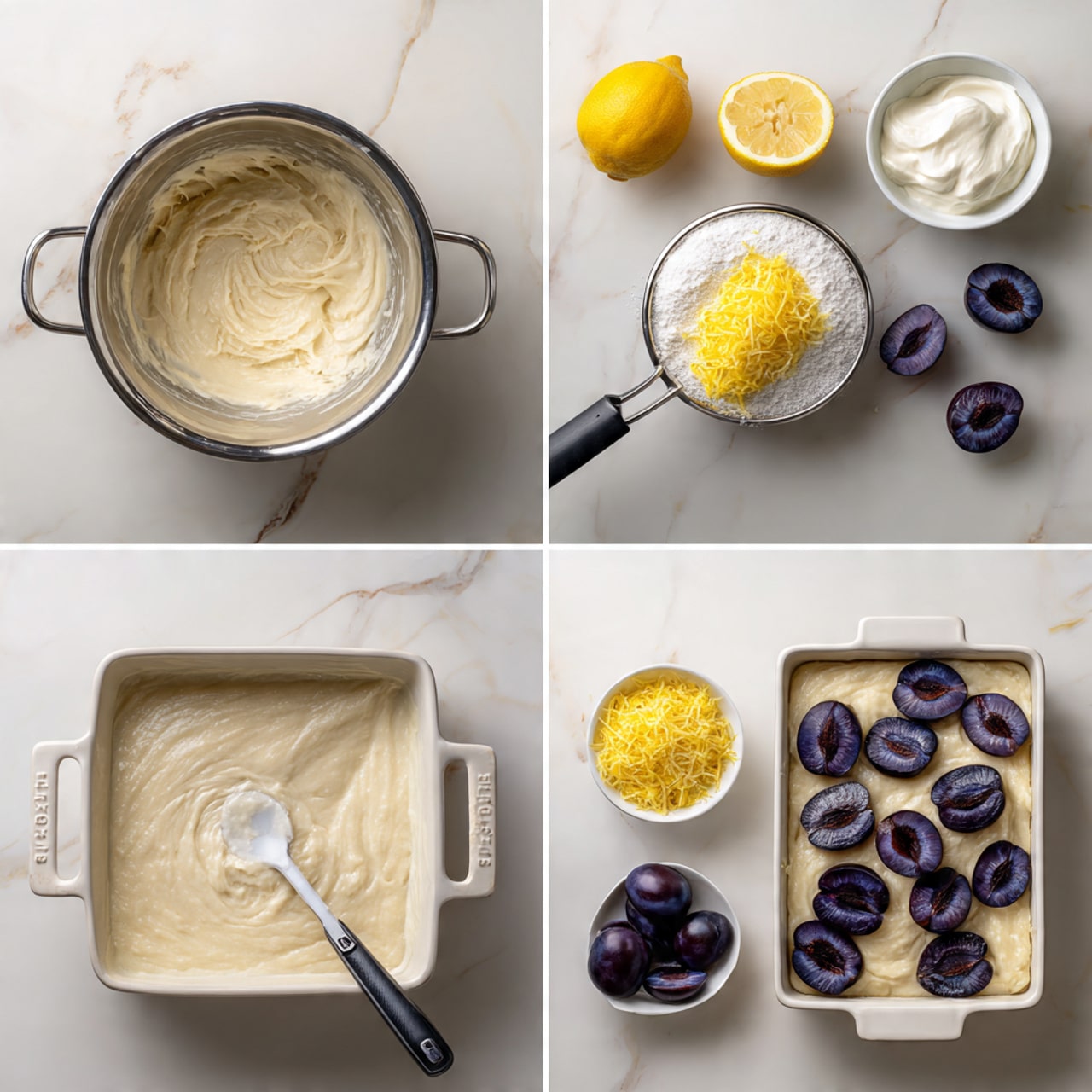 The first image shows a silver mixing bowl with cream-colored batter inside, placed on a white marbled surface along with a small white bowl of white cream and a lemon half. The second shows the same bowl and batter, now with yellow lemon zest on top, and a black-handled lemon zester beside it. The third image shows white flour being sifted through a fine white sieve into the mixing bowl. The fourth image shows the batter smooth and creamy, with a white spoon inside and a bowl of sliced dark purple plums beside it. The fifth image shows a white rectangular baking dish filled with the smooth batter on the marbled surface, with the bowl of sliced plums nearby. The sixth and final image shows the same baking dish now topped with neat rows of dark purple plum slices partially submerged in the batter. Photo taken with an iphone --ar 4:5 --v 7