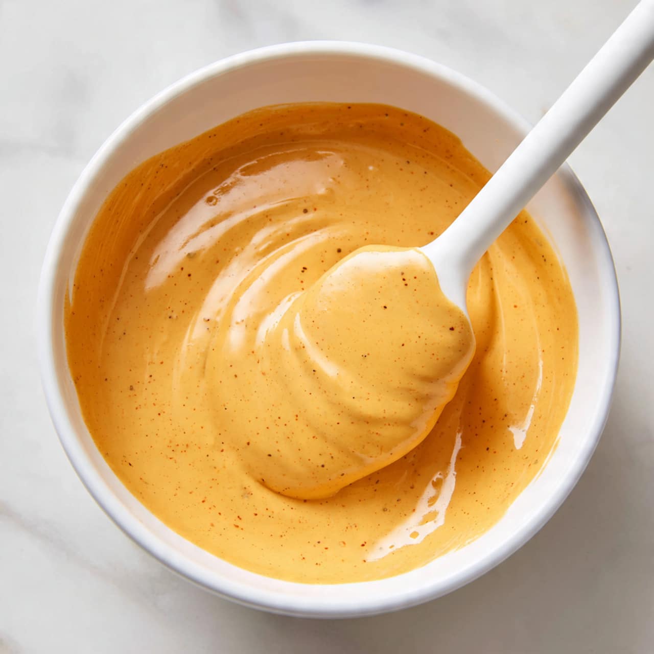 A close-up of a creamy orange sauce being stirred with a white spatula inside a white bowl, the sauce looks smooth and thick with tiny bubbles and fine specks throughout its surface, the spatula is partially covered with the sauce showing its thick consistency, the bowl sits on a white marbled surface photo taken with an iphone --ar 4:5 --v 7