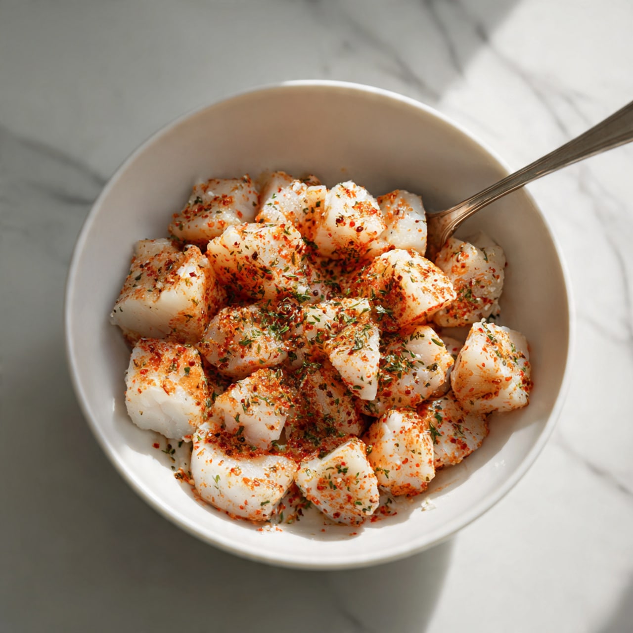 A white bowl filled with small, raw white pieces of fish, covered with a reddish-orange spice powder and sprinkled with green dried herbs on top. A silver spoon is placed inside the bowl, resting on the edge. The bowl sits on a white marbled texture surface. photo taken with an iphone --ar 4:5 --v 7