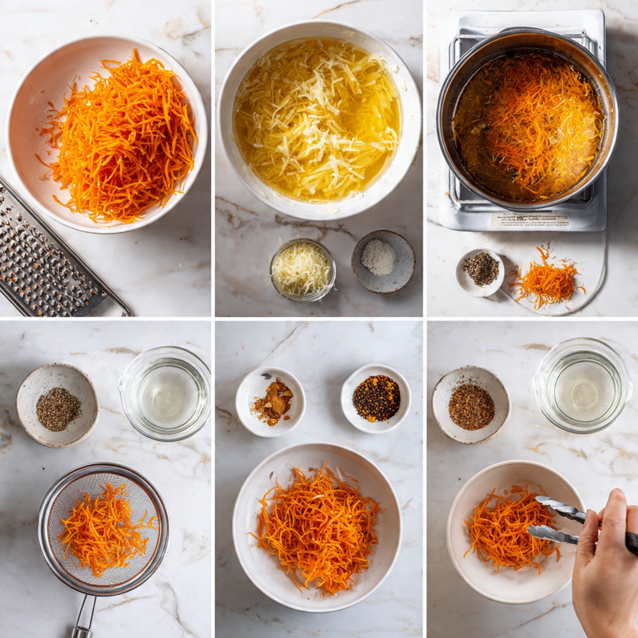 The image shows a step-by-step process arranged in eight sections. The first section has a white bowl filled with bright orange shredded carrots next to a white grater with carrot remnants. The second section shows a pot on a stove filled with light yellow shredded potatoes soaking in water. The third section has the same pot with the potatoes frying and turning golden brown. In the fourth section, a silver strainer holds the fried golden potatoes, placed over a bowl. The fifth section shows a clear glass bowl with squeezed-out potato water and a small white bowl filled with crispy fried potato bits behind it. In the sixth section, the white bowl contains shredded carrots mixed with dark brown and white spices on top, surrounded by small containers of spices on a white marbled surface. The seventh section shows the woman’s hand holding metal tongs over the white bowl while adding minced garlic on top of the carrots. The final section shows the carrots thoroughly mixed with spices and garlic with metal tongs resting on the bowl’s edge. Photo taken with an iphone --ar 4:5 --v 7