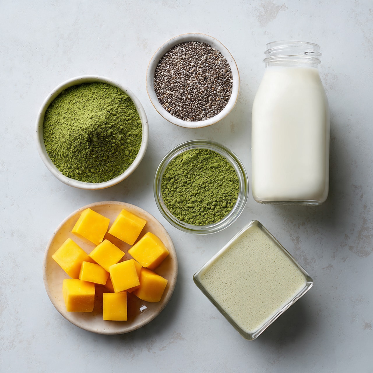 A clear glass bowl is filled with a thick layer of small black and white chia seeds, covering the bottom and sides. From the top left corner, a stream of bright green liquid with a smooth texture is being poured into the bowl, starting to mix with the chia seeds beneath. The bowl is placed on a white marbled surface which contrasts with the dark chia seeds and vibrant green liquid. Photo taken with an iphone --ar 4:5 --v 7