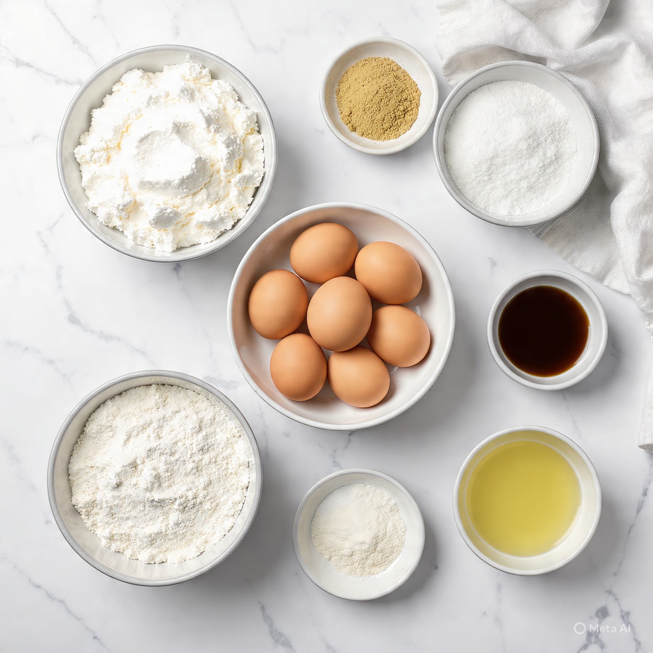 The image shows nine steps of making fried dough balls, arranged in a 3x3 grid on a white marbled surface. The first layer is a white bowl with two eggs, white batter, and brown sugar visible, along with a woman's hand holding a whisk in the second layer mixing a smooth yellow batter. The third scene shows a white bowl with flour and white powder with a whisk and wooden spice jar next to it. The fourth frame has a white bowl of batter and dry ingredients being mixed, followed by the fifth showing thick yellow batter on a spoon held above the bowl. The sixth shows a hand holding a temperature gun above hot cooking oil in a silver pot, with the seventh scene capturing a woman's hands placing batter balls into the oil using spoons. The last two frames show golden brown fried dough balls boiling in the oil, with a woman's hand holding a slotted spoon lifting one of the golden balls from the pot. photo taken with an iphone --ar 4:5 --v 7
