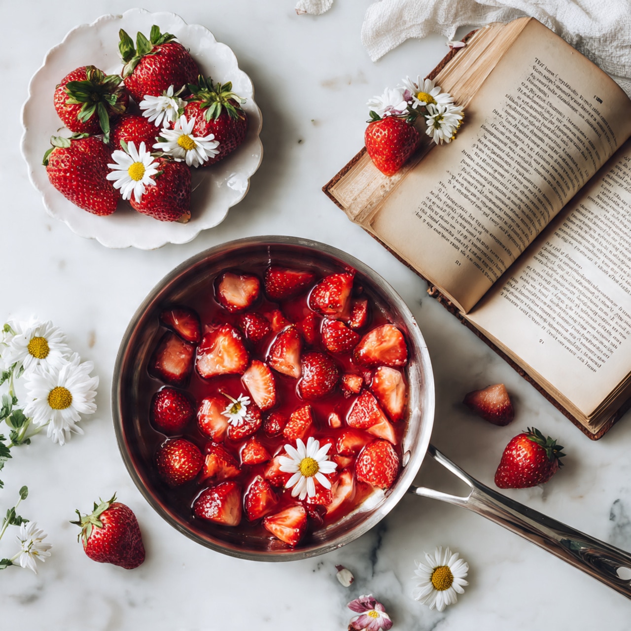 A shiny stainless steel pan filled with finely chopped bright red strawberries, showing a glossy, wet texture, placed on a white marbled surface. To the top left, there is a white scalloped plate holding whole fresh strawberries with green leafy tops, decorated with small white and yellow daisy flowers. On the top right, an open old book rests on the surface with long-stemmed daisy flowers lying in a round wooden bowl on it, and halved strawberries scattered around on the book and surface. photo taken with an iphone --ar 4:5 --v 7