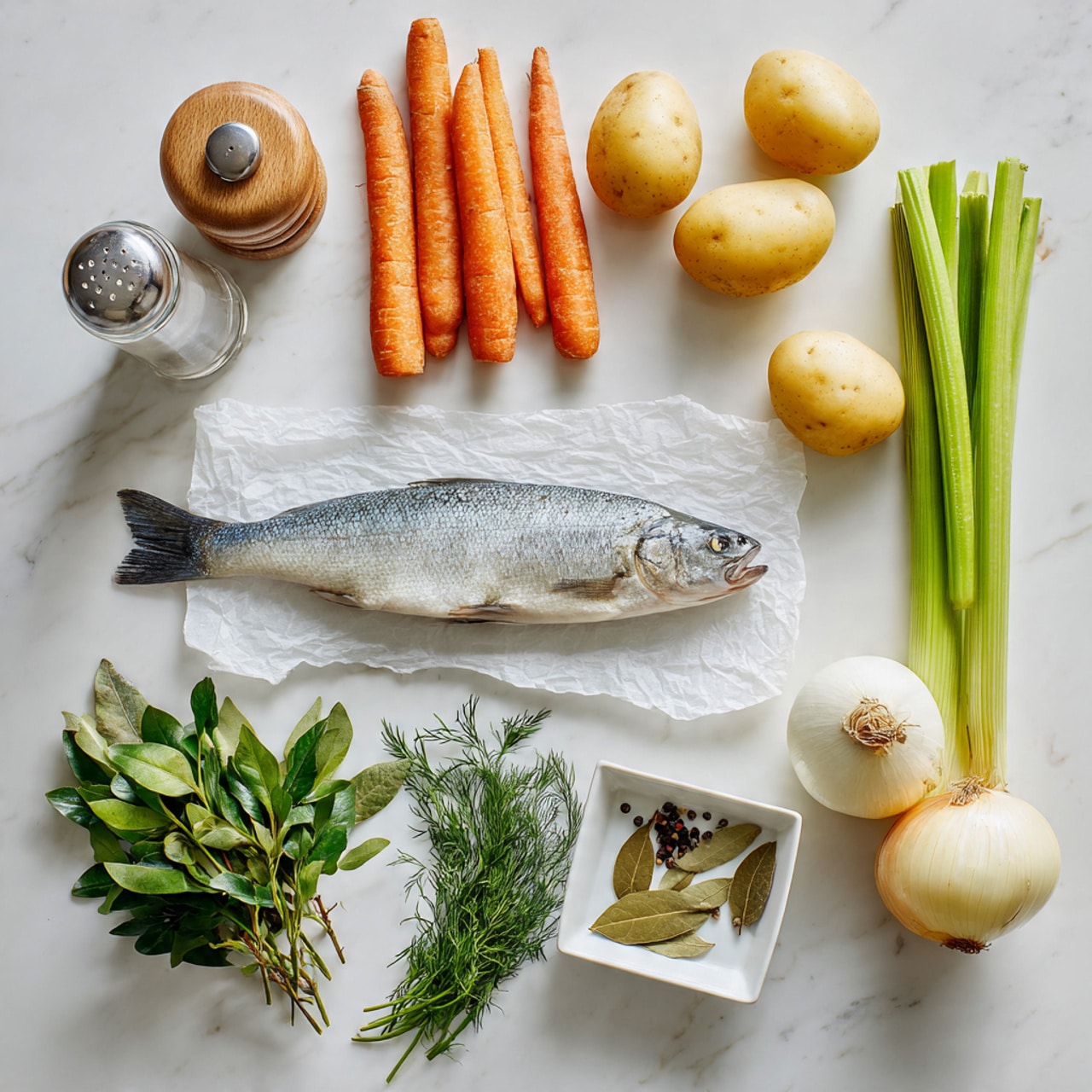 The image shows fresh cooking ingredients arranged neatly on a white marbled surface. In the center, there is a whole raw fish with silver skin placed on white parchment paper. Around it, there are three orange carrots placed parallel to each other on the right side, and three light yellow potatoes to the left. On the top right, there are three green celery stalks with leaves next to some leafy green herbs. On the bottom left, there is a small bunch of fresh dill and a small white square dish holding bay leaves and peppercorns. Also, there is a whole white onion near the potatoes, and on the top left, a clear pepper grinder and a small wooden container stand side by side. photo taken with an iphone --ar 4:5 --v 7