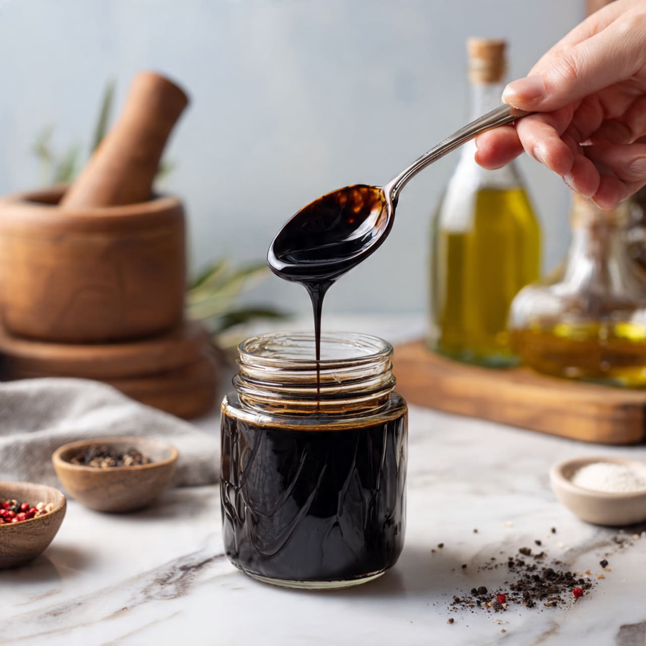 A jar filled with thick, shiny black syrup, with a woman's hand holding the jar, while a spoon lifted from it shows the syrup slowly dripping back into the jar, both the jar and spoon covered slightly with the syrup. In the background, there is a wooden surface with a mortar and pestle, olive oil bottle, and two glass containers, one with white salt and the other with red pepper flakes. The scene is set on a white marbled texture photo taken with an iphone --ar 4:5 --v 7