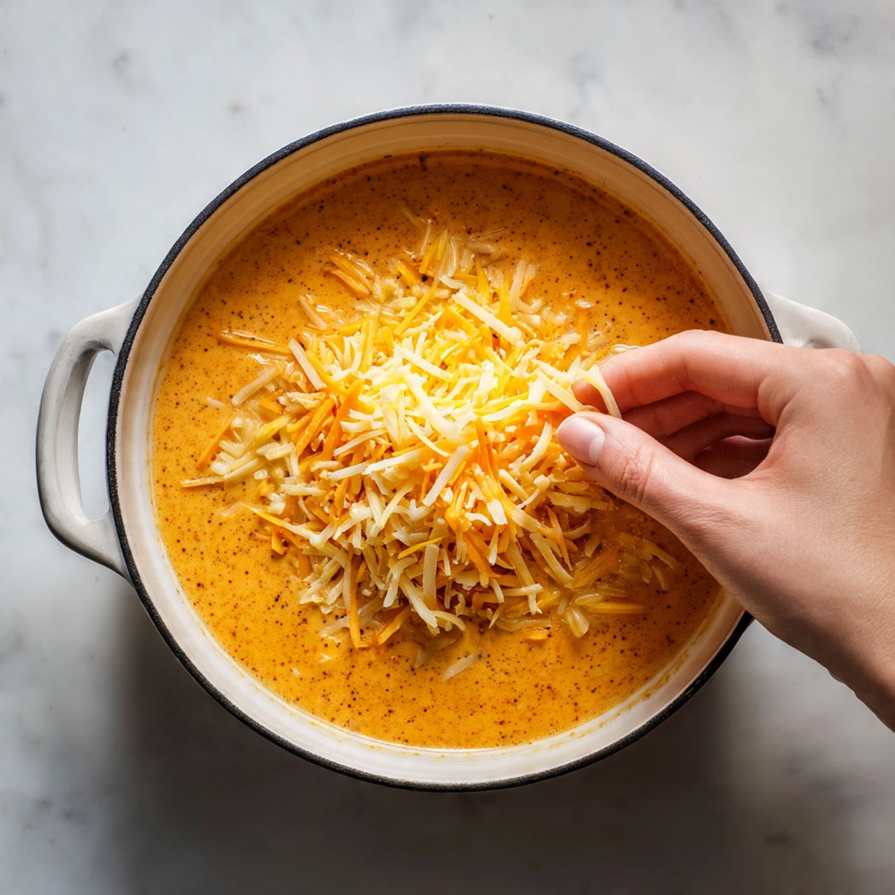 In a white enamel pot with a black rim, there is a thick orange creamy soup forming the base layer that covers the bottom and sides of the pot. On top, there is a generous sprinkle of shredded cheese in two colors: bright orange and pale yellow, giving a textured look with small thin strands mixed with some flat pieces. A woman's hand reaches into the pot from the right side, about to touch or mix the cheese. The pot is placed on a white marbled surface. photo taken with an iphone --ar 4:5 --v 7