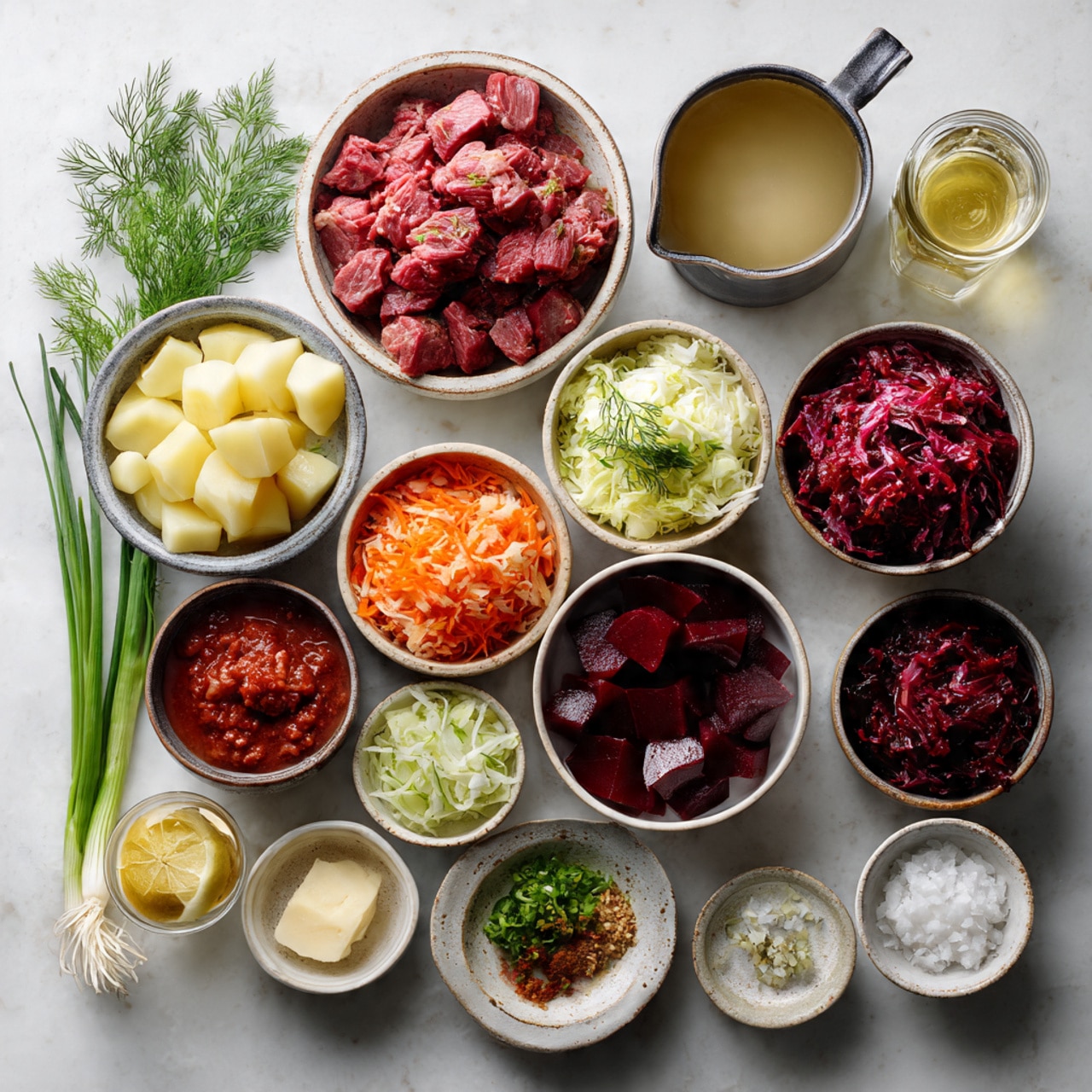 The image shows four steps of making broth. The first shows a large piece of red meat with white marbled fat and a bone in the center, lying in clear water in a metal pot with black peppercorns and a few greenish-yellow bay leaves floating. The second shows the meat now cut into smaller pieces, fully submerged in water with the same spices in a metal pot. The third shows a close-up of shredded brown meat being lifted with a spoon and a fork from inside a black slow cooker. The fourth shows a metal ladle pouring a light yellow clear broth into a clear glass jar on a white marbled surface. The photo taken with an iphone --ar 4:5 --v 7