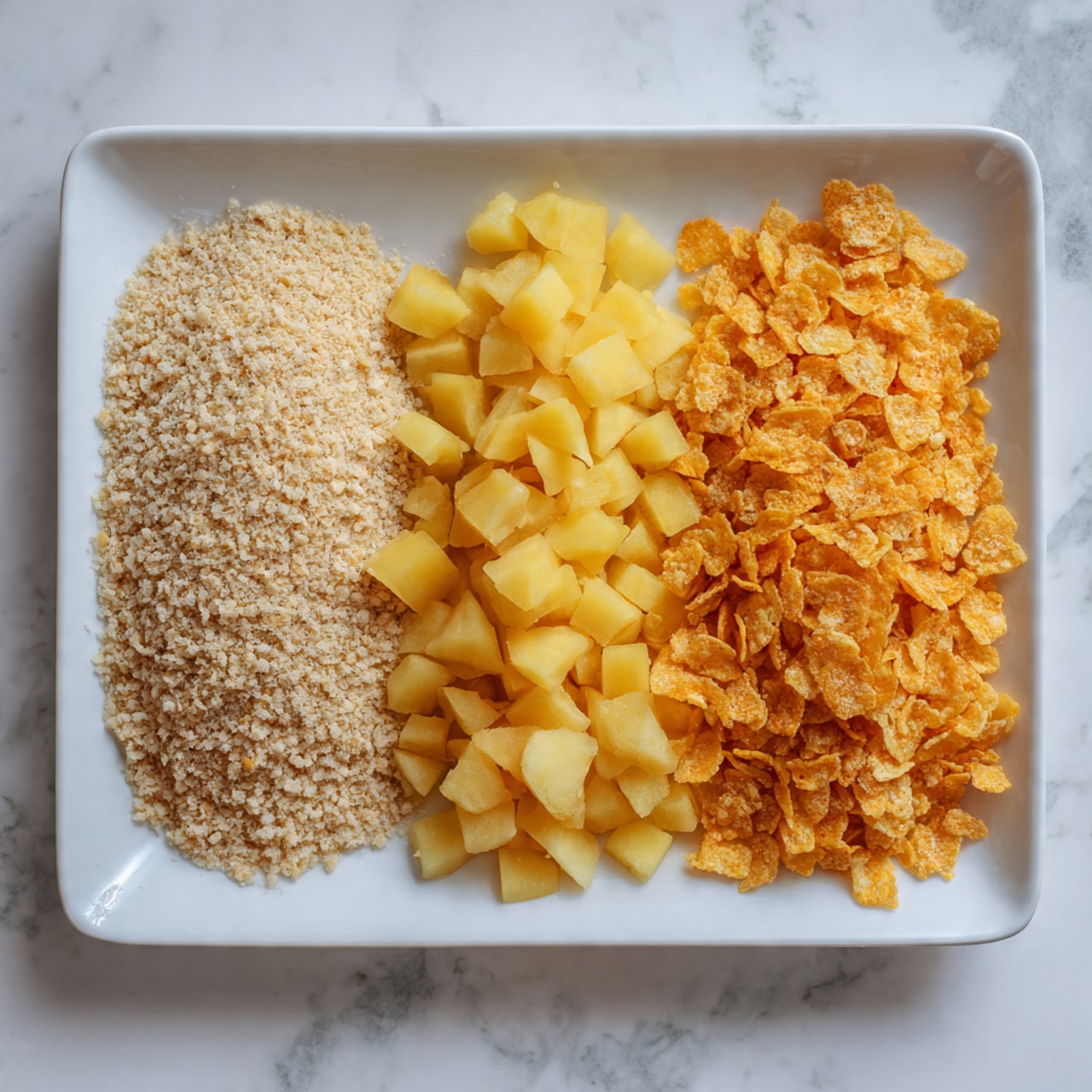 A white rectangular tray is filled with three neat vertical layers of different textures and colors. On the left, there is a fine, light beige crumbly layer that looks like breadcrumbs. The middle layer features small, evenly cubed yellow pieces that look like potatoes. The right layer consists of golden-orange cornflakes, flaky and slightly shiny. The tray rests on a white marbled surface, and the wooden texture around it is not visible. photo taken with an iphone --ar 4:5 --v 7