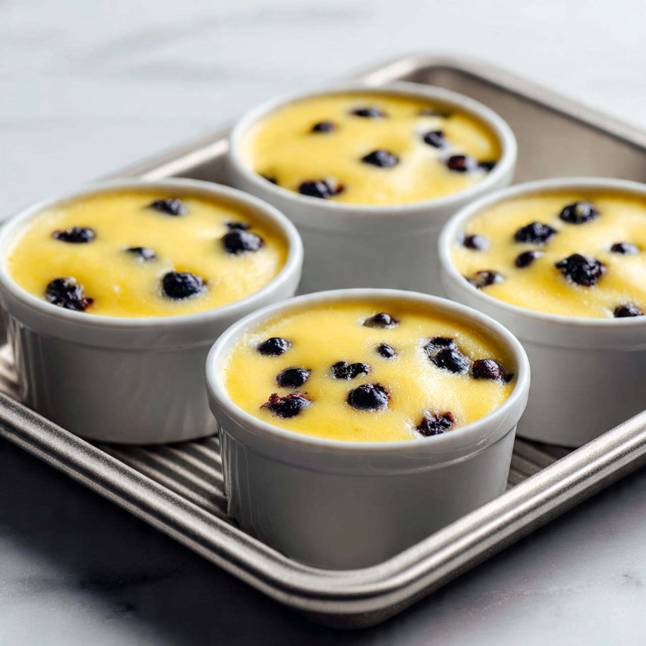The image shows four round white ramekins filled with yellowish batter mixed with small dark blueberries. Each ramekin is filled to the top, with a smooth and shiny texture on the surface of the batter, and some blueberries slightly visible under and on top of the batter. The ramekins are placed in a silver baking tray with a ridged pattern, against a white marbled background. photo taken with an iphone --ar 4:5 --v 7