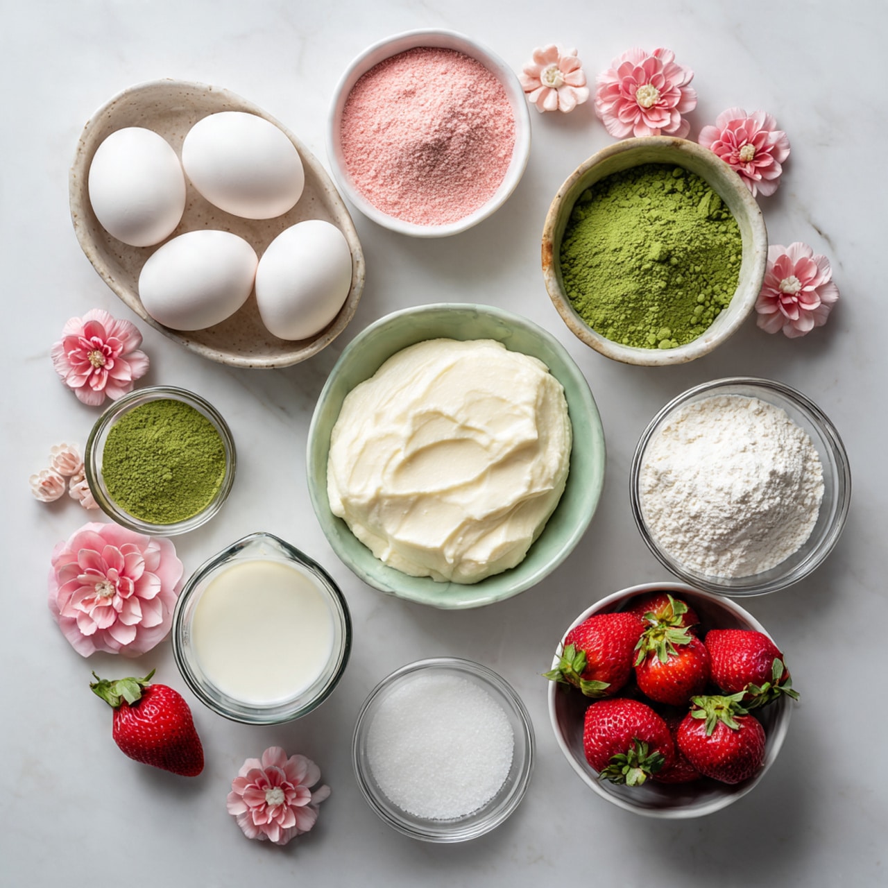 The image shows a clear mixing bowl with three layers of ingredients visible inside against a white marbled surface. The bottom layer is a smooth, pale yellow creamy mixture covering the base of the bowl. On top of this is a mound of white flour sprinkled unevenly, contrasting sharply with the yellow layer. Above the flour, there is a vibrant red powder being poured down in motion, creating a dynamic splash effect that scatters fine red specks over the flour and part of the yellow mixture. The textures vary from smooth cream to fine powder and the colors are soft creamy yellow, bright white, and intense red, all contained within a clear bowl. Photo taken with an iphone --ar 4:5 --v 7