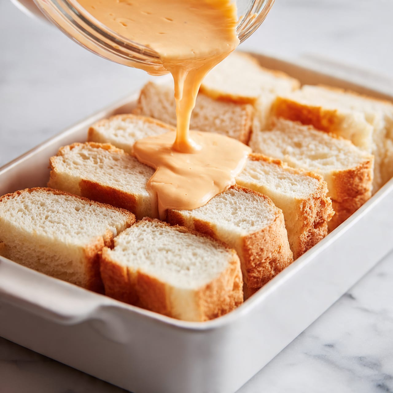 The image shows a white rectangular baking dish filled with one layer of plain white bread slices placed side by side, covering the bottom completely. On top of the bread, a thick, creamy light orange sauce with a smooth texture is being poured from a glass bowl positioned at the right edge of the image. The sauce spreads evenly over the bread, partially soaking the slices around the edges. The background is a white marbled surface. photo taken with an iphone --ar 4:5 --v 7