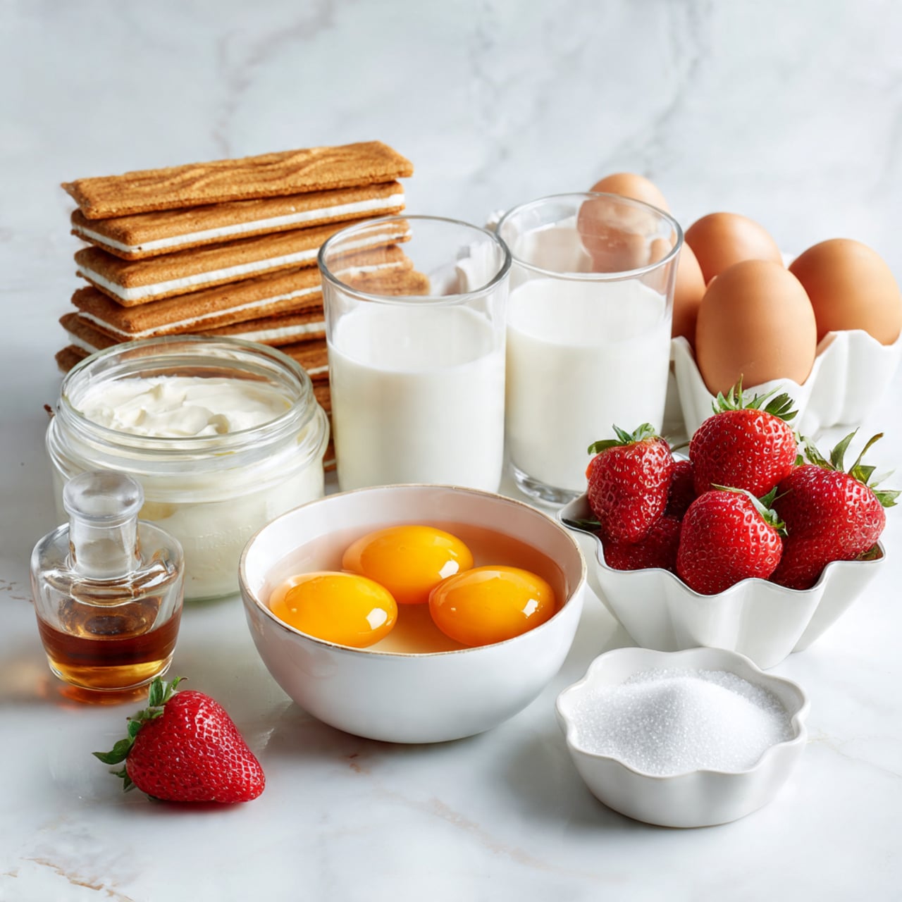The image shows several ingredients neatly arranged on a white marbled surface: three packs of biscotti savoiardi stacked at the back left, a white bowl filled with orange yolks in the front center, two clear glasses with white liquid placed side by side, two stacked containers of mascarpone cheese to the left of the yolks, a small bottle of vanilla extract to the right, a white bowl filled with white granulated sugar, and a white ceramic bowl shaped like a flower filled with bright red strawberries at the back right. Photo taken with an iphone --ar 4:5 --v 7