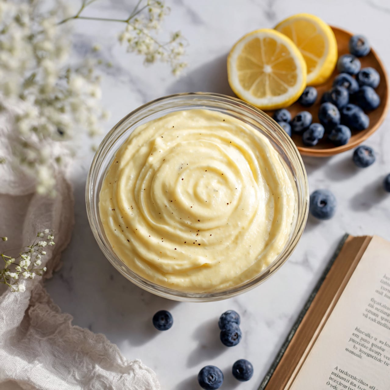 A clear glass bowl is filled with one smooth, creamy layer of pale yellow lemon mixture that has a few tiny darker specks. The top is gently swirled, showing a soft texture. Around the bowl, on a white marbled surface, there are fresh lemon slices arranged in a small wooden dish, several blueberries scattered, an open book, and a white flower in the corner, adding natural and bright decoration to the scene. Photo taken with an iphone --ar 4:5 --v 7