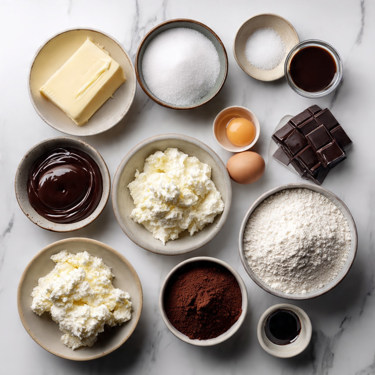 The image shows a sequence of six steps in making a layered dessert. The first layer is a creamy yellow mixture with dark brown chocolate being mixed in the top left. The next step, top right, shows a thick, smooth chocolate batter with a rich brown color. The middle left shows a woman's hand placing a scoop of this chocolate dough into a white baking dish with a slightly glossy texture. On the middle right, a woman's hand is whisking a white cream mixture with some syrup or vanilla added, in a white bowl. The bottom left shows a pale yellow batter being poured over a flat, dense dark brown chocolate layer inside a white baking dish. Finally, the bottom right shows the top layer covered with white creamy batter, sprinkled with grated dark chocolate pieces spread evenly across it. The background features a white marbled texture photo taken with an iphone --ar 4:5 --v 7