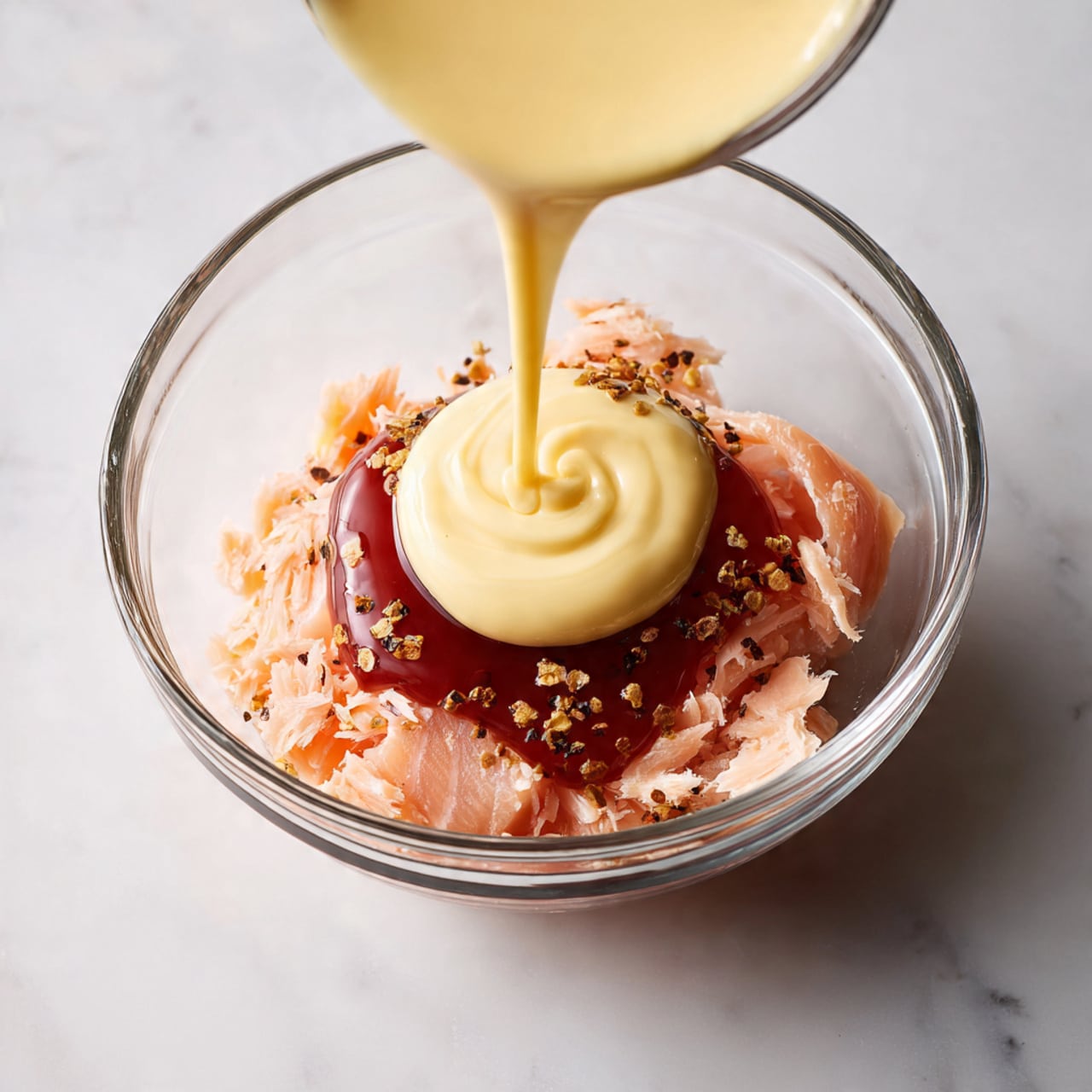 A clear glass bowl filled with long, thin strips of red and white food that look soft and slightly twisted, with a woman's hand holding a small bunch of these strips above the bowl. The background shows a wooden tray with small containers of oil, salt, and spices, set on a white marbled surface. photo taken with an iphone --ar 4:5 --v 7