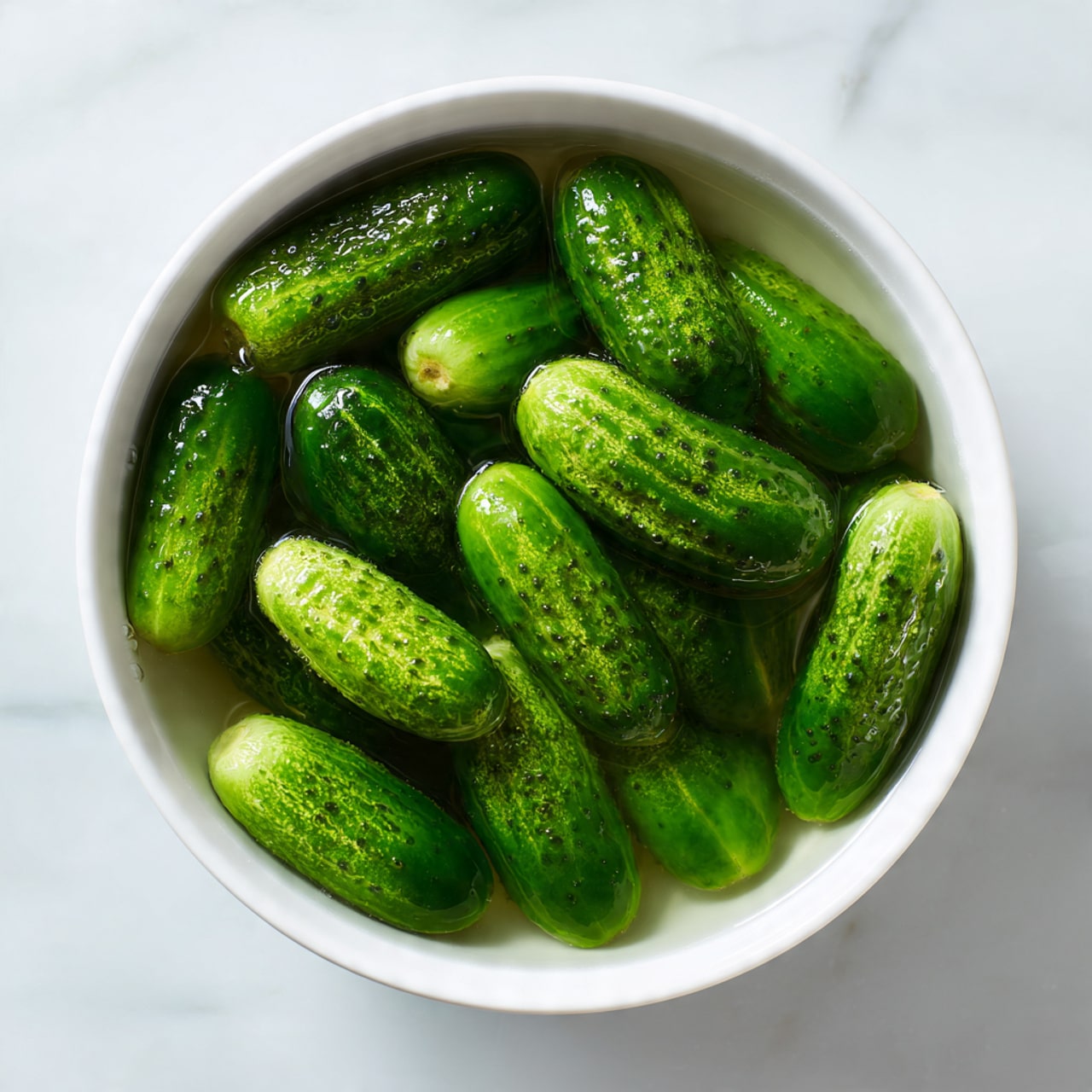 The image shows two white bowls on a white marbled surface, each filled with cucumber sticks. The top bowl has fresh cucumber sticks layered first, with chopped garlic cloves and a sprinkling of green dill on top, creating a mix of bright green and white colors with a fresh, slightly rough texture from the herbs. The bottom bowl shows the cucumber sticks mixed with the garlic and dill, giving a glossy look from the coating, with the colors evenly spread and the texture more combined. photo taken with an iphone --ar 4:5 --v 7