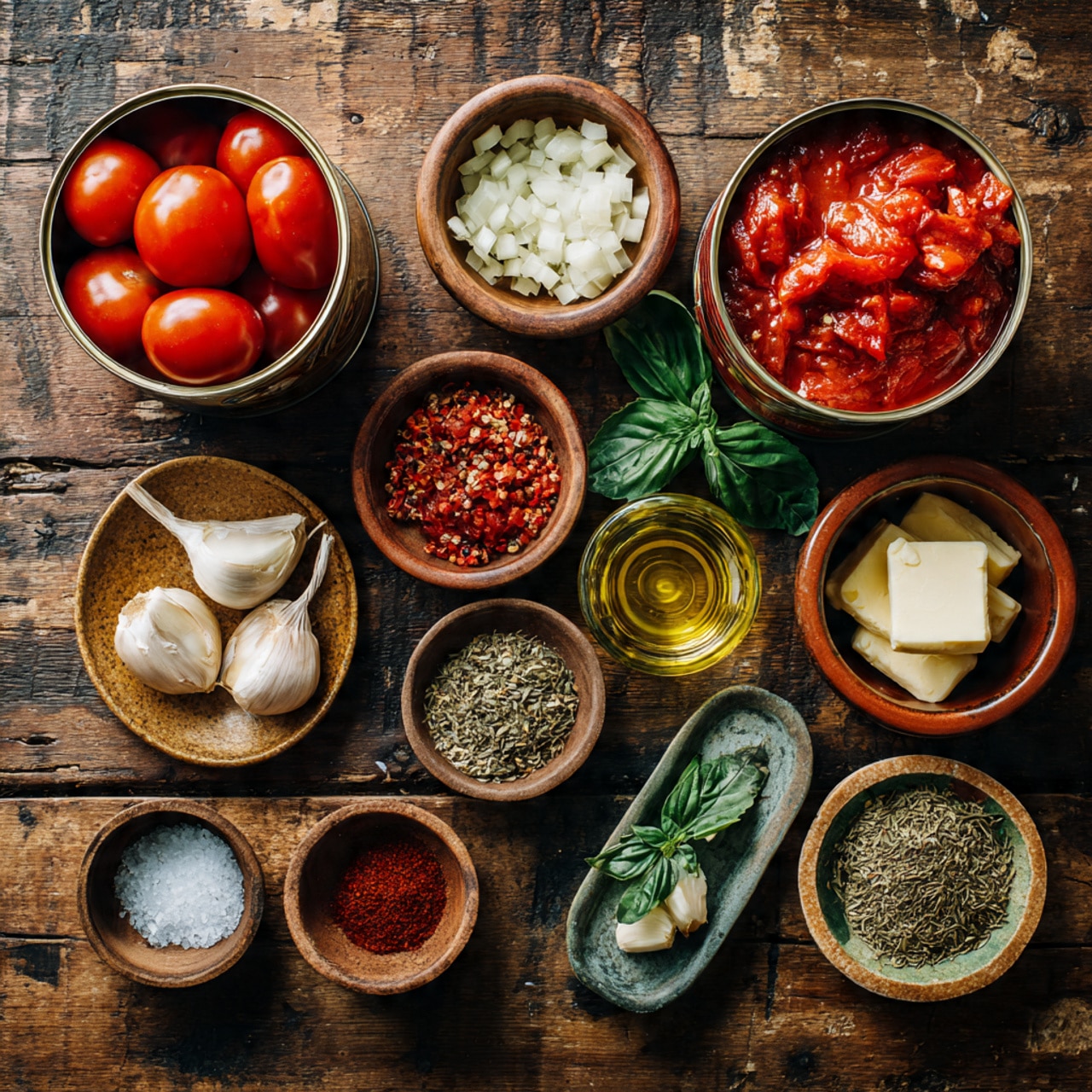 The image shows a black pot on a white marbled surface with two stages of a tomato sauce. In the first stage, the pot is filled with a thick, bright red tomato sauce covered on the left side by a pile of mixed dried green and brown herbs, with a wooden spoon resting on the right side partially in the sauce, stained red. In the second stage, the same pot holds the tomato sauce now mixed smoothly and topped with a generous pile of fresh, bright green chopped basil leaves scattered over the center. Both images reveal the pot’s black handles and cast soft shadows on the white marbled surface. Photo taken with an iphone --ar 4:5 --v 7