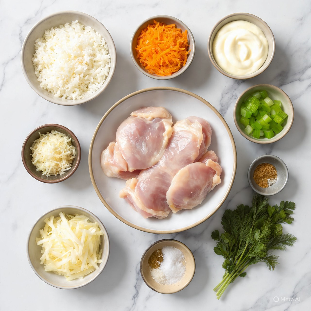 The collage shows six steps of a cooking process on a white marbled surface. The first image has a silver pot with cooked white rice on a stove. The second image shows a silver pan on a stove with cooked shredded orange carrots and light yellow onions mixed together. The third image is a white bowl with four sections of ingredients: cooked carrot and onion mix, grated cheese, shredded white material, and chopped green herbs. The fourth image is a white plate with two thin raw pink meat slices laid flat, with a neat oval mound of the carrot and onion mix placed between the slices. The fifth image shows a white plate holding a rolled meat pouch stuffed with the carrot and rice mixture. The sixth image displays a white baking dish filled with eight golden brown cooked meat rolls arranged tightly side by side. Photo taken with an iphone --ar 4:5 --v 7