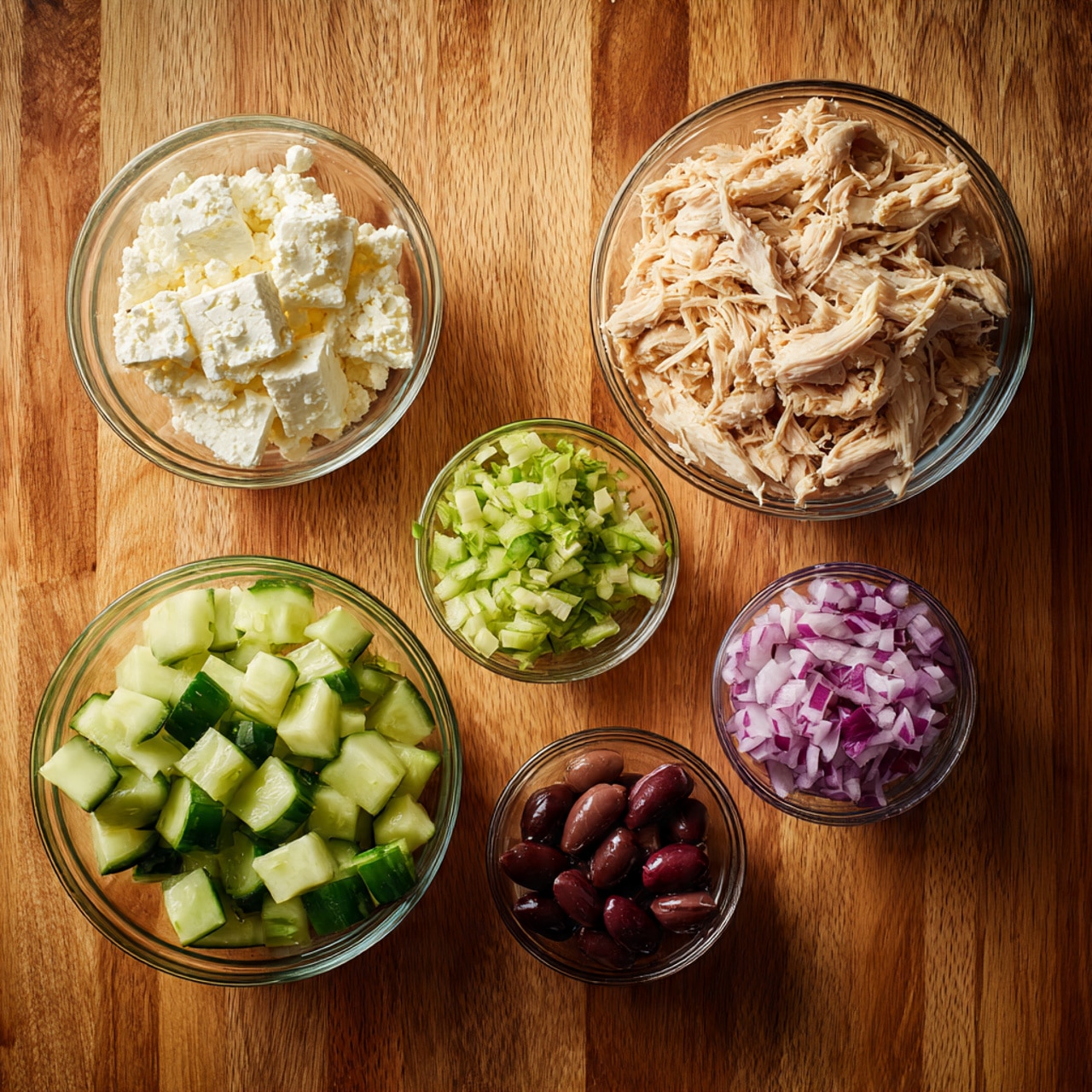 Five clear glass bowls are placed on a wooden surface, each with different ingredients. The top left bowl holds crumbly white cheese, soft and slightly moist. To the right, a larger bowl is filled with shredded light beige cooked chicken. Below the cheese bowl, there is a bowl with bright green diced cucumber chunks showing firm texture. Next to it, towards the right, a smaller bowl contains small pieces of diced purple-red onion. At the bottom center, there is the smallest bowl filled with finely chopped dark brown olives. The wooden surface beneath adds warm tones to the arrangement. photo taken with an iphone --ar 4:5 --v 7