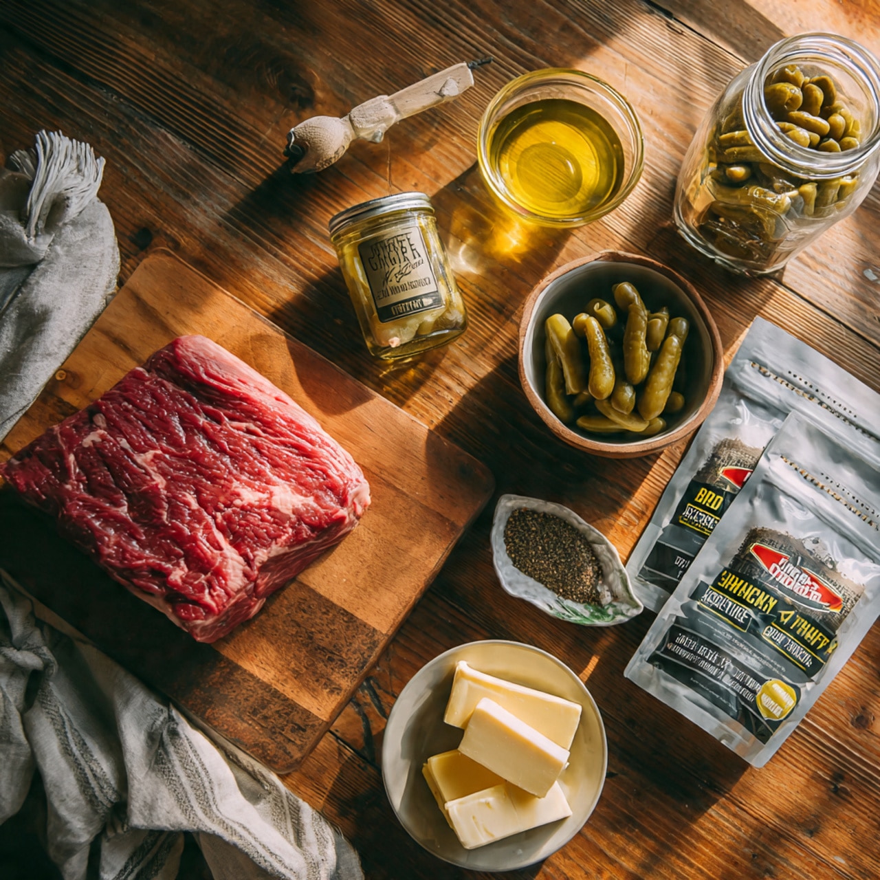 Two images show a black bowl on a white marbled surface. The left image has one large cooked dark brown piece of meat in sauce with six yellow-green pepper pieces around it. The right image shows shredded dark brown meat mixed in sauce with the same six yellow-green pepper pieces placed on top and around the meat. Both bowls have a shiny, moist look to the meat and sauce. photo taken with an iphone --ar 4:5 --v 7