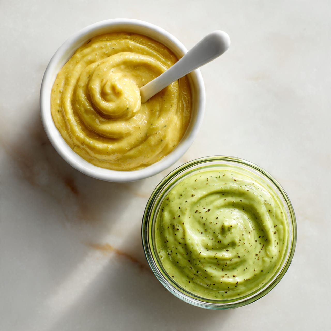The image shows an overhead view of a light yellow tray filled with fresh greens including parsley, dill, basil, and romaine lettuce leaves arranged on the bottom half, with thinly sliced cucumber and watermelon radish on the right side of the tray. Surrounding the tray on a white marbled texture are seven small white bowls and glasses containing various ingredients: shaved cheese in a bowl to the left, a bowl with finely grated cheese next to it, a small dish with garlic clove, mustard, and anchovies near the center, a bowl of a white creamy substance to the right of that, shredded cooked chicken in a bowl on the top right, and two clear glasses of pale yellow liquid, one above the tray and one to its right. The setting is bright and clean with a soft natural light. Photo taken with an iphone --ar 4:5 --v 7