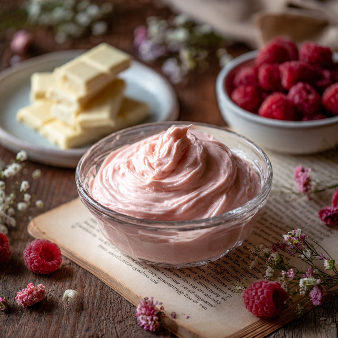 A clear glass bowl filled with one smooth layer of light pink whipped mousse that has a soft, fluffy texture with swirled peaks on top. The bowl sits on a rustic wooden surface with an open book beneath it, along with a small white plate holding stacked pieces of white chocolate, and a white bowl filled with fresh red raspberries positioned nearby. The scene has a cozy and inviting feel, with scattered raspberries and small flowers adding detail. Photo taken with an iphone --ar 4:5 --v 7