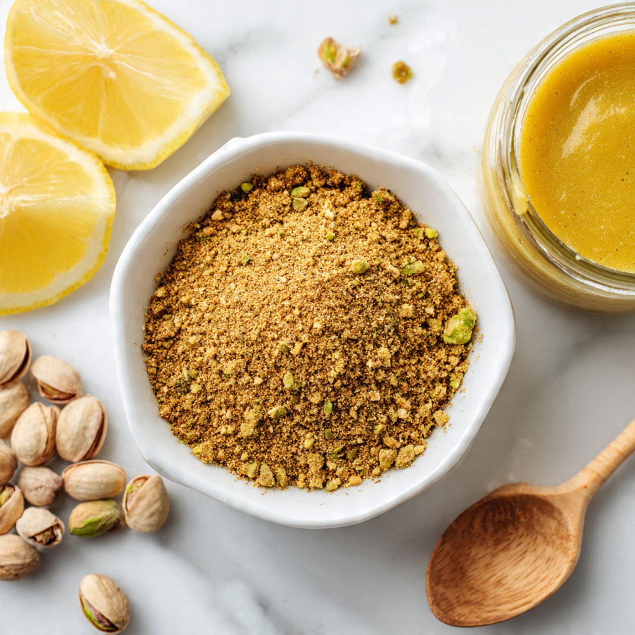 A white bowl filled with a single layer of fine brown and green spice mix with a crumbly texture. Around the bowl on a white marbled surface are lemon halves with bright yellow rinds and pale juicy centers, a small bunch of light brown pistachios in their shells, and a glass jar of yellow sauce with a smooth, creamy texture. Photo taken with an iphone --ar 4:5 --v 7