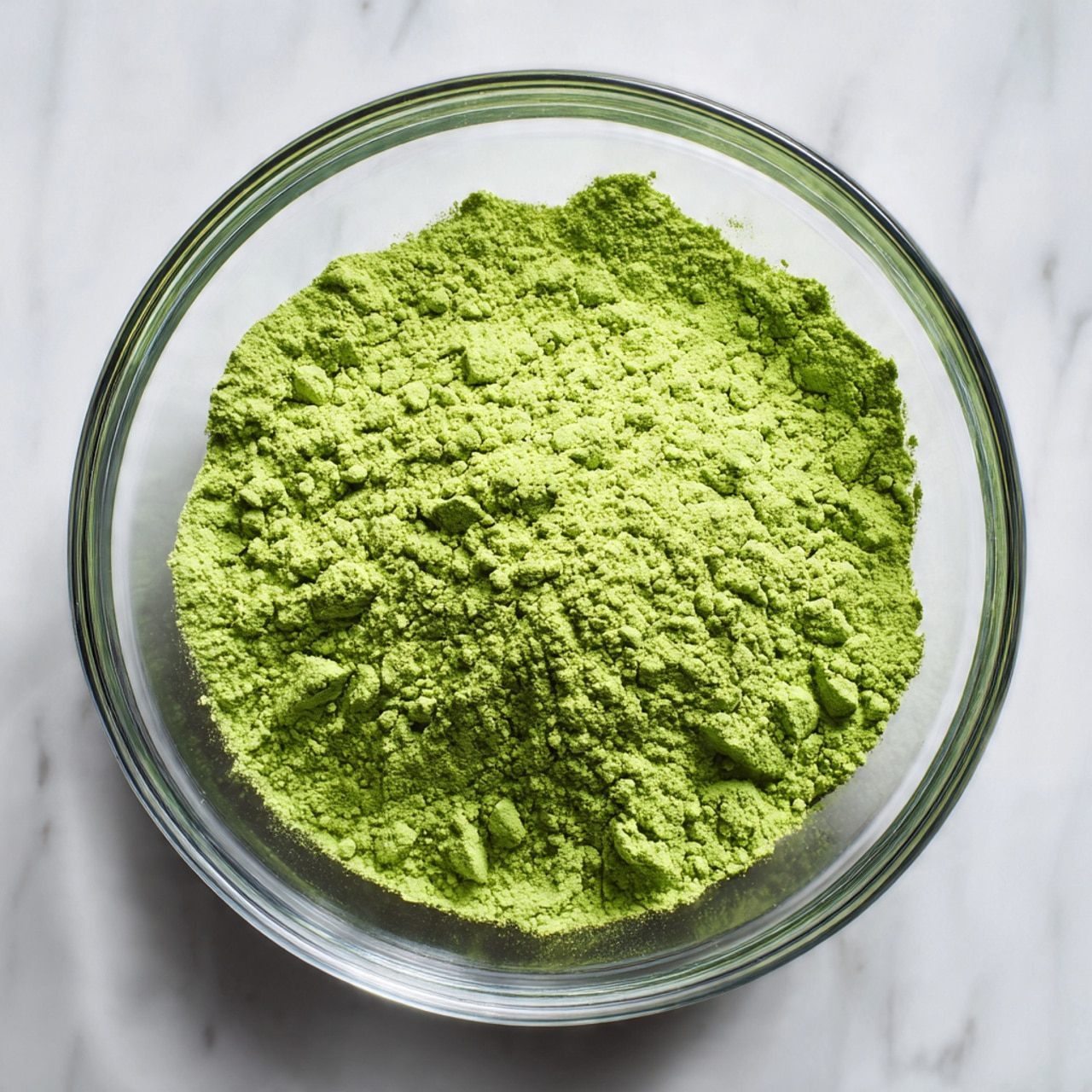 A clear glass bowl filled with a fine, bright green powder that is slightly heaped in the center, showing a soft textured surface with some small clumps around the edges. The bowl sits on a white marbled surface, adding a clean and simple background. The green powder contrasts well with the transparent bowl and smooth background, making the color pop. photo taken with an iphone --ar 4:5 --v 7
