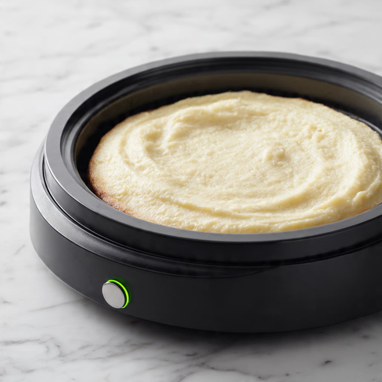 A close-up image of a cooking appliance with a single thick layer of soft, pale yellow batter or dough inside it, slightly uneven and textured with small ridges. The batter fills the round cooking surface and extends slightly over the edges. The appliance is black and sits on a white surface with a faint white marble pattern. A small green indicator light glows on the appliance's front. Photo taken with an iphone --ar 4:5 --v 7