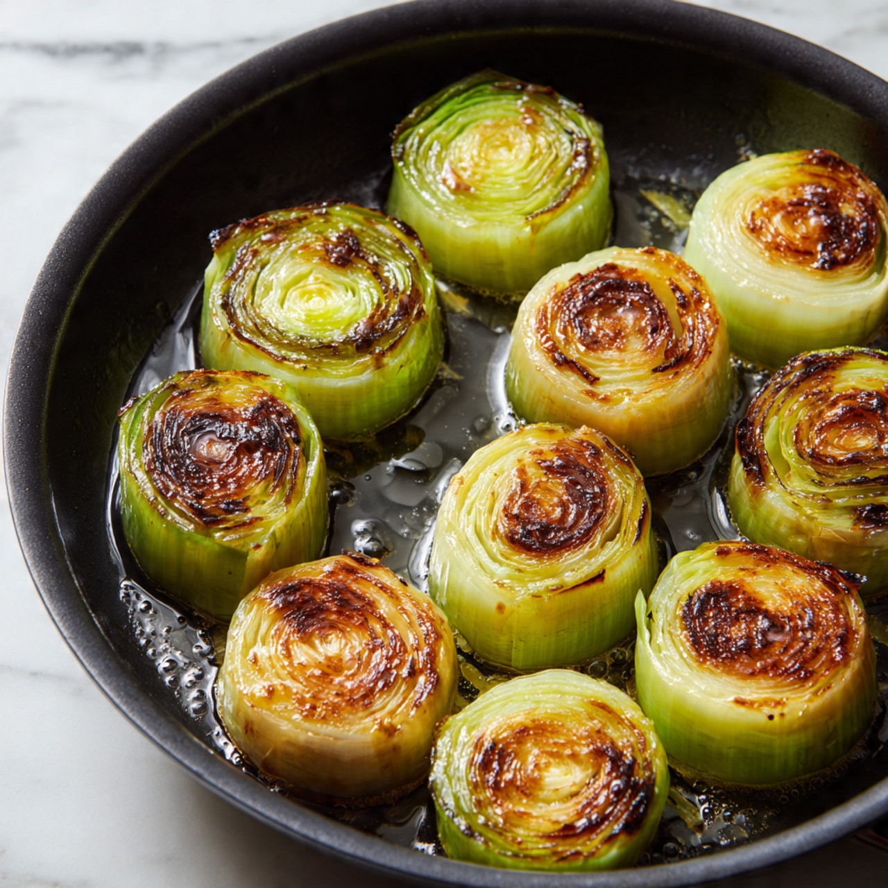 The image shows several thick, round pieces of green leek cooking in a black pan. Each leek piece has visible layers, starting from a deep green outer layer to lighter yellow and almost white inside. The tops of the leek rounds are browned and charred in some parts, giving a crispy texture look. They are evenly spaced in the pan, gleaming with lightly melted butter around the edges. The background is a white marbled texture. Photo taken with an iphone --ar 4:5 --v 7