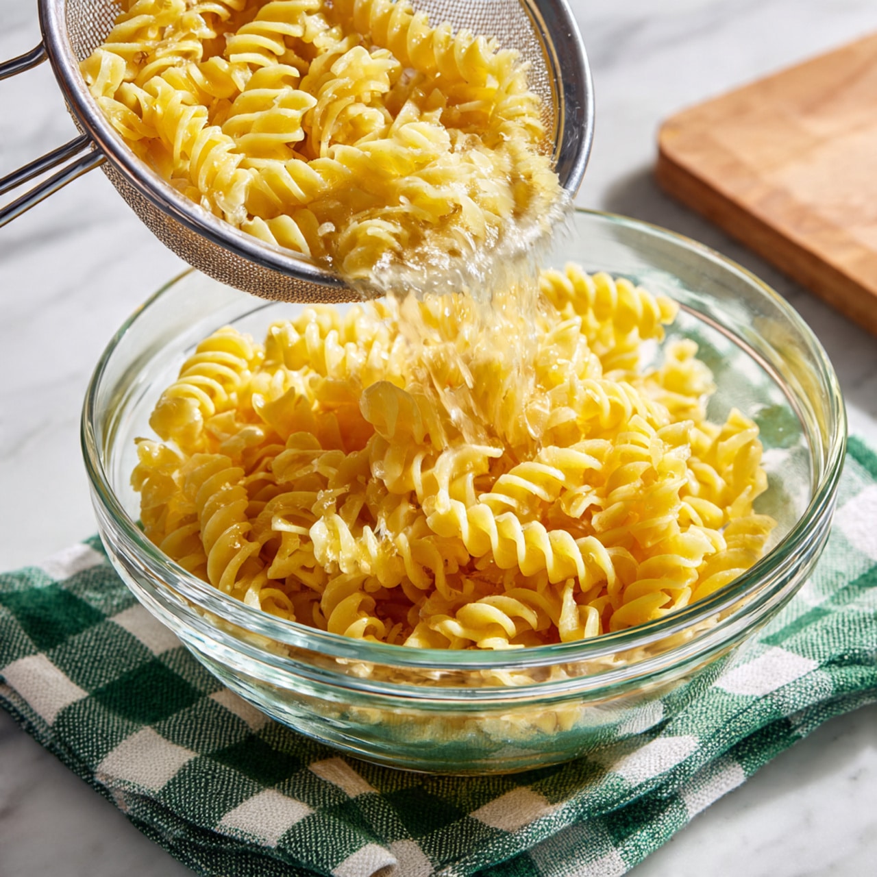 A clear glass bowl sits on a green and white checkered cloth, resting on a white marbled surface. Over the bowl, light yellow cooked elbow pasta is being poured from a fine metal strainer, showing the pasta's smooth texture and curved shapes falling into the bowl. The background shows a small wooden cutting board at the top edge of the image. The scene is bright and clear, highlighting the pasta’s soft, fresh look photo taken with an iphone --ar 4:5 --v 7