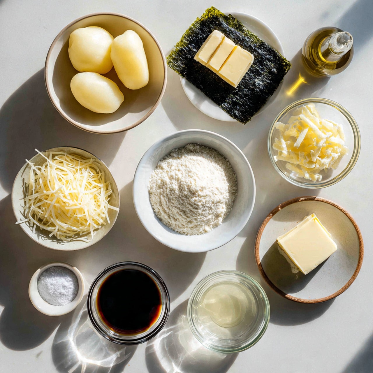 Nine golden brown square pieces of soft dough are cooking in a black pan with a little oil. Each piece has a smooth, slightly rounded top with a crispy, lightly browned crust on the surface and soft pale yellow sides. A white tong held by a woman's hand is lifting one piece, showing its fluffy texture. The black pan contrasts with the golden dough, and tiny oil droplets shine around the pieces. The background is a white marbled texture photo taken with an iphone --ar 4:5 --v 7