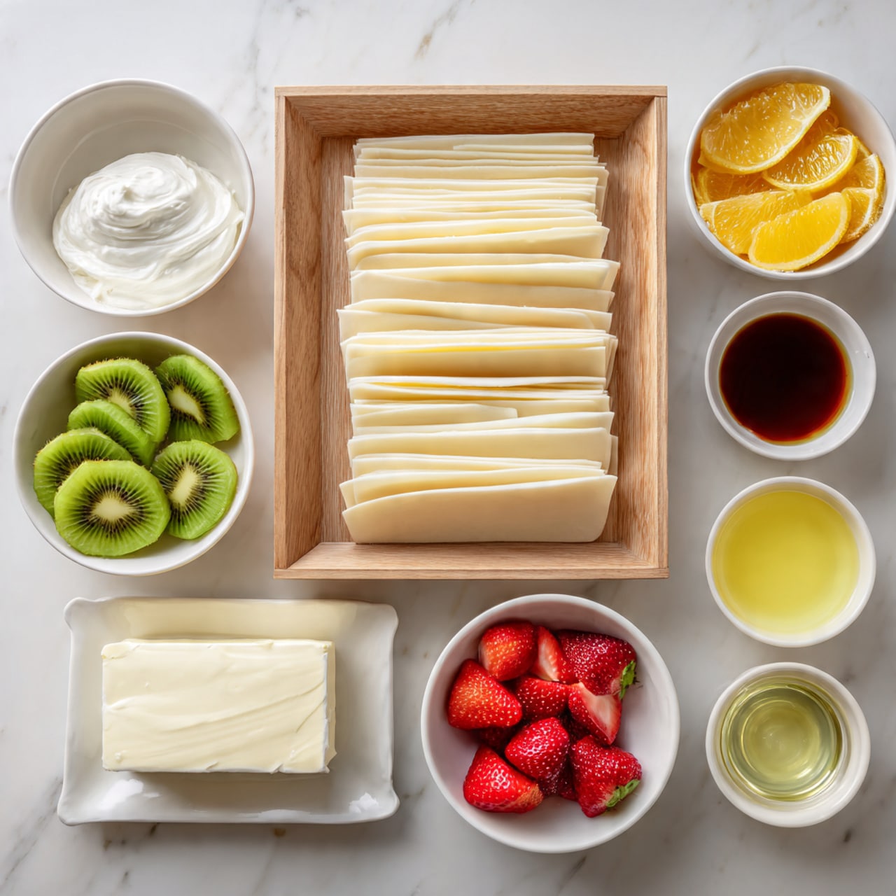 The image shows a white marbled surface holding several white bowls and a wooden tray. The tray holds multiple thin, flat sheets of pale dough stacked neatly. Around the tray are bowls filled with different ingredients: one bowl has soft white cheese with a creamy texture, another bowl is filled with bright green sliced kiwi showing seeds, a bowl of vivid red strawberry halves, and a bowl full of bright orange mandarin segments. A plate with a solid block of white cream cheese is near the center. Small white bowls hold a yellow melted butter and a pale yellow creamy mixture, while a shallow white bowl contains a small amount of clear oil. All items are arranged neatly in a top-down view. Photo taken with an iphone --ar 4:5 --v 7
