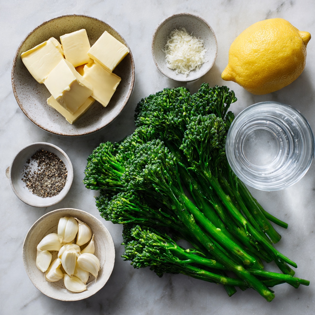 The image shows two side-by-side photos of broccolini in a silver pan sitting on a white marbled surface. In the left photo, several green broccolini stalks lay evenly in the pan, showing their delicate florets and long stems. In the right photo, the broccolini is mixed with small white butter pieces and minced garlic scattered on top, with purple tongs holding some stems on the right side of the pan. The pan’s shiny metal reflects soft light, highlighting the fresh green vegetables. Photo taken with an iphone --ar 4:5 --v 7