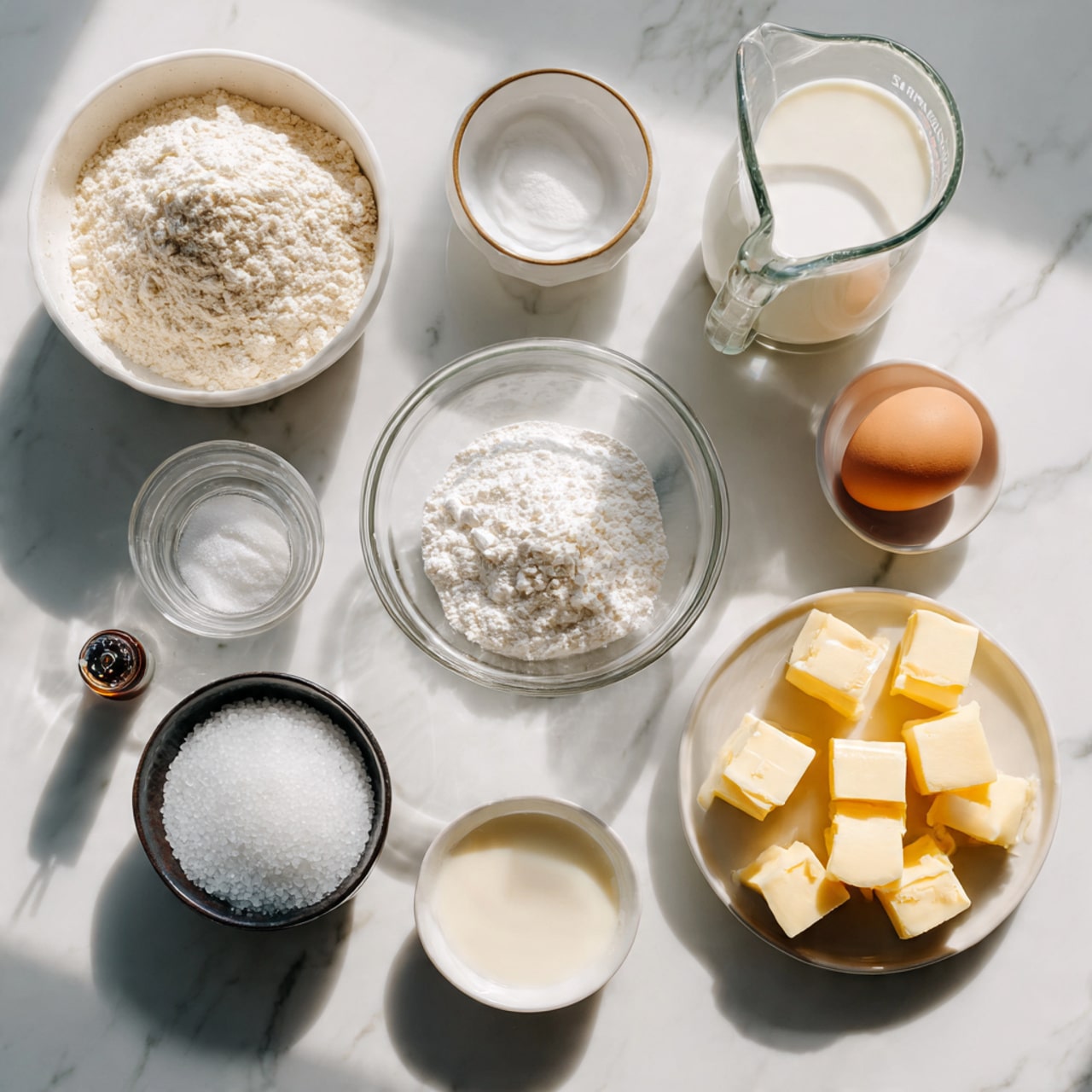 A clear bowl contains a mix of ingredients layered closely together: at the bottom, a ring of bright orange-yellow raw egg yolks surrounds a mound of white granulated sugar in the center, topped by a thick pale yellow liquid, likely condensed milk, with a small drop dripping down the side. The bowl sits on a white marbled surface. photo taken with an iphone --ar 4:5 --v 7