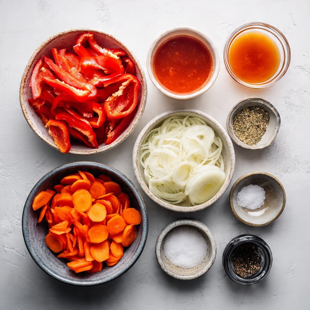 The image shows a cooking process with nine frames arranged in a 3x3 grid, all set on a white marbled surface. The first frame has three white bowls filled with chopped red bell peppers, sliced carrots, and sliced onions. The second frame shows bright red tomato juice being poured from a jar into a shiny metal pot on a stove. The third frame features sliced onions being stirred in a metal pan on the stove using a wooden spatula held by a woman's hand. The fourth frame displays bright orange carrot slices spread out in the metal pan on the stove. The fifth frame shows chopped red bell peppers added to the pan with the carrots, both cooking. The sixth frame presents the metal pot filled with a mix of chopped red bell peppers and carrots in a rich red sauce. The seventh frame captures a woman's hand pouring a white bowl of clear liquid, along with white granulated sugar and minced garlic, into the pot. The eighth frame shows the pot covered with a glass lid, slight steam visible inside. The ninth frame reveals the thickened red stew inside the pot with a mix of softened vegetables. Photo taken with an iphone --ar 4:5 --v 7