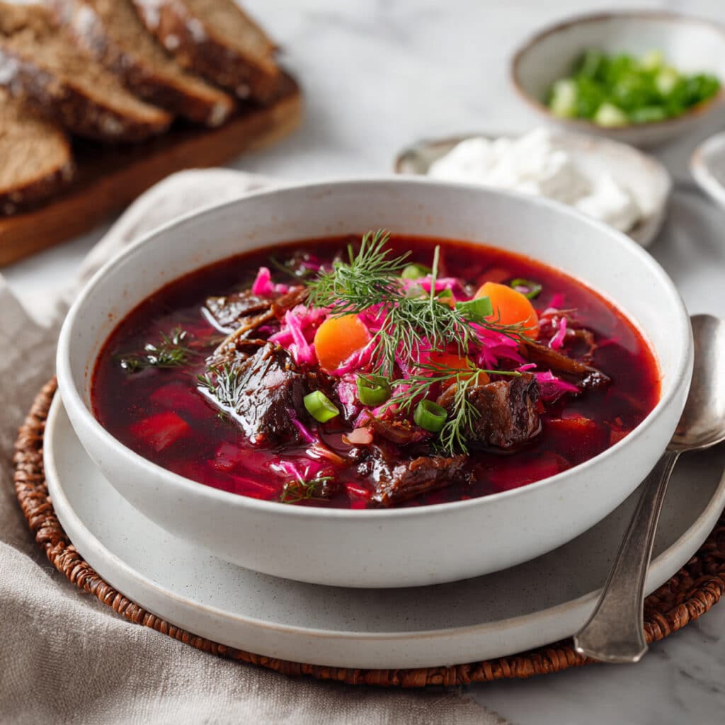 Hearty Borscht with Roasted Beets, Tender Beef, and Fresh Herbs Recipe