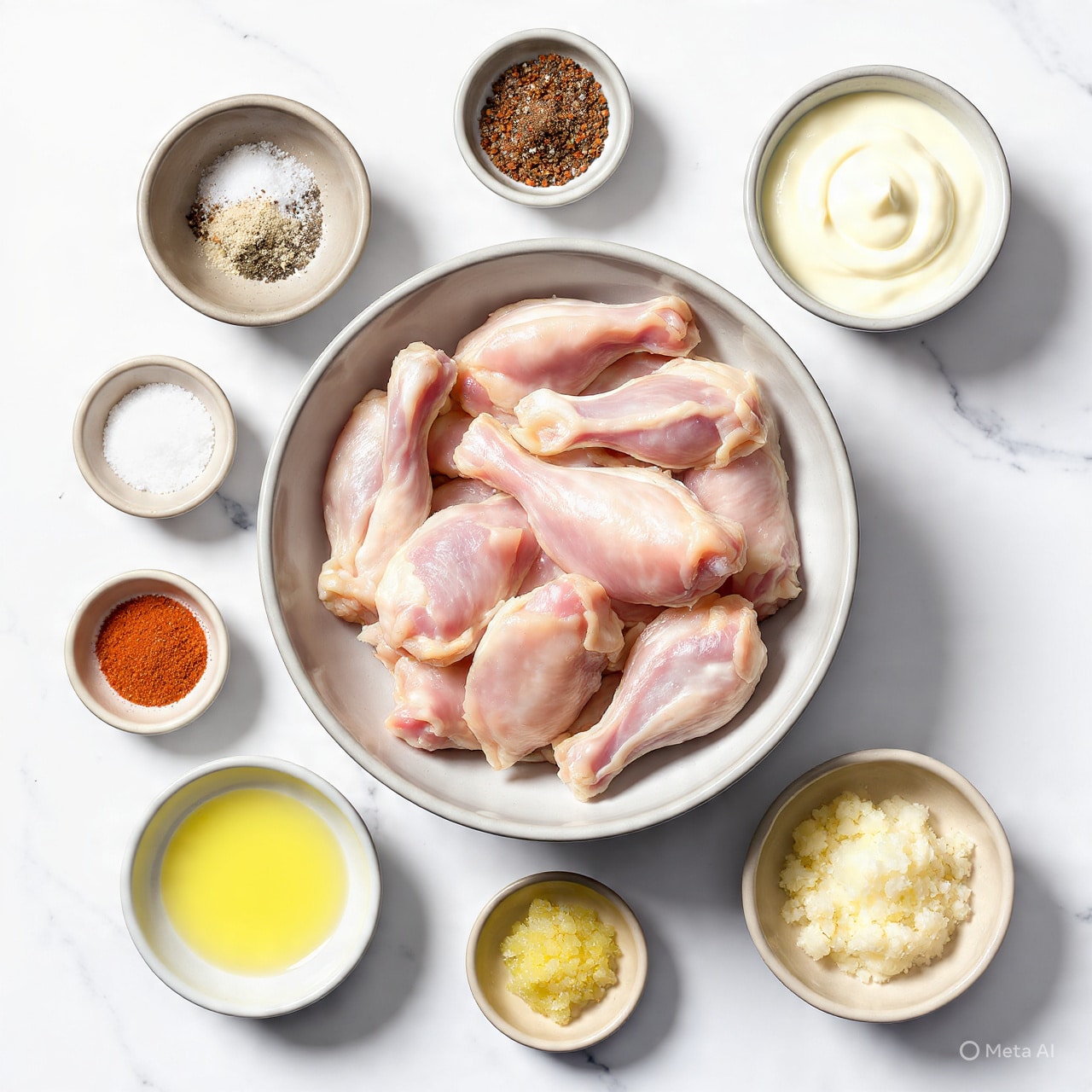 A white bowl filled with raw chicken wings topped with light yellow minced garlic and assorted brown and green spices is shown in the first scene. In the second scene, the same white bowl holds the chicken wings fully mixed with the spices, showing a pale beige coating. The third scene displays several layers of pale chicken wings, evenly spaced on a metal baking tray with a shiny finish. The final scene captures the metal baking tray inside an oven with golden brown cooked chicken wings that have a crispy texture. The background shows a clean white marbled surface. photo taken with an iphone --ar 4:5 --v 7