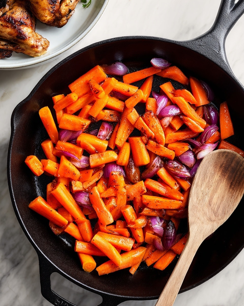 A black cast iron skillet filled with bright orange carrot pieces and a few purple shallot wedges, all lightly seasoned and spread evenly across the pan. The carrots are cut into thick, angled sticks, and the shallots are in small sections. A wooden spoon with a long handle rests on the right side inside the skillet. In the top left corner, part of a white plate holds browned roasted chicken pieces with crispy skin. The whole setup is on a white marbled surface. photo taken with an iphone --ar 4:5 --v 7