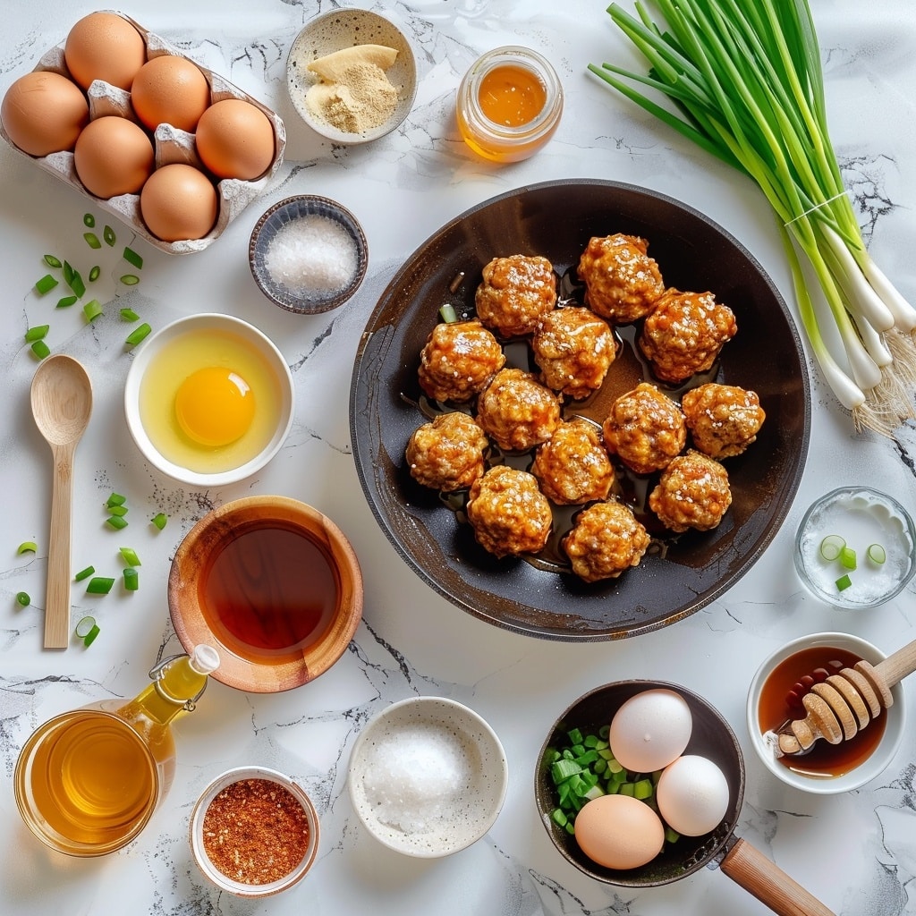 The image shows two parts: the top part has a close-up of a white bowl filled with pale, soft, and slightly sticky raw meat mixture with visible small bits of seasoning. The texture looks smooth but slightly coarse. The bottom part shows a white pan with many small round meat balls, evenly spaced, their color light beige, and they have a slightly rough surface, sitting in a light layer of oil over the pan. The background in both parts is a white marbled texture. Photo taken with an iphone --ar 4:5 --v 7