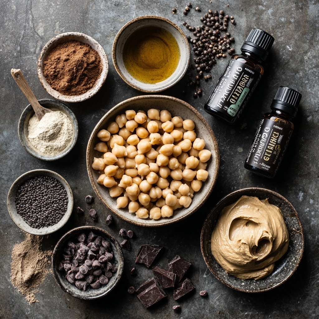 The image shows two top views of a food processor on a white marbled surface. On the left side, the food processor contains whole chickpeas that are light beige, a large dollop of smooth peanut butter in a light brown shade, dark brown powder (likely cocoa), small black chia seeds, and a bit of honey visible as a sticky gold layer. On the right side, the food processor shows the blended mixture, now smooth and thick with a uniform medium brown color, evenly spread along the bowl edges. The food processor is clear with black and silver parts visible inside. Photo taken with an iphone --ar 4:5 --v 7