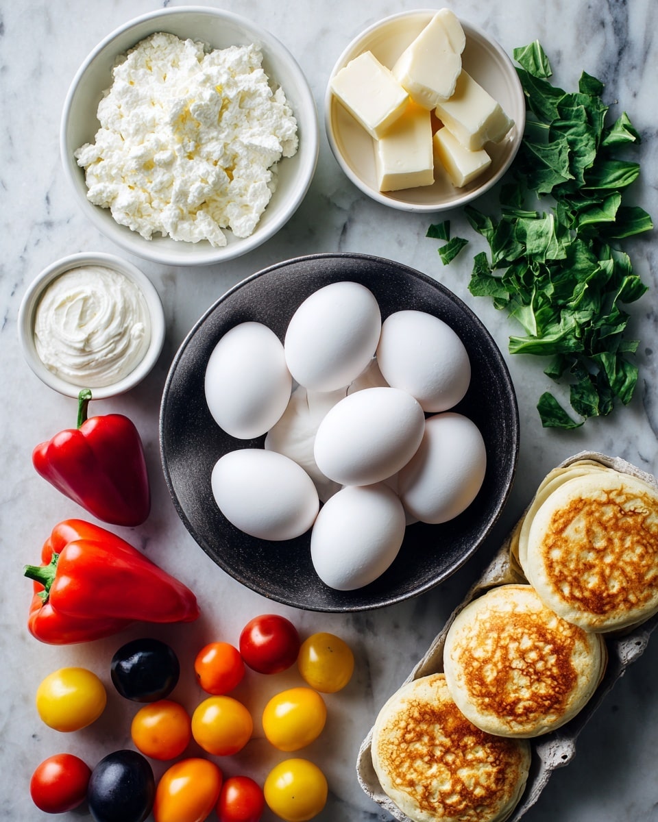 The image shows a white marbled surface with a variety of fresh ingredients arranged neatly. In the center, there is a dark metal bowl filled with ten white eggs. Around the bowl, there are loose green leafy vegetables scattered in groups. To the top right, a small white bowl holds two cubes of pale yellow butter. To the left, another small white bowl contains dollops of white cream cheese. Near the bottom left corner, there are two whole bell peppers, one red and one green. In the bottom center, a collection of small tomatoes in red, yellow, orange, and dark purple colors is spread out. On the bottom right, two English muffins with golden brown toasted tops are stacked slightly apart. The arrangement is clean and precise. Photo taken with an iphone --ar 4:5 --v 7