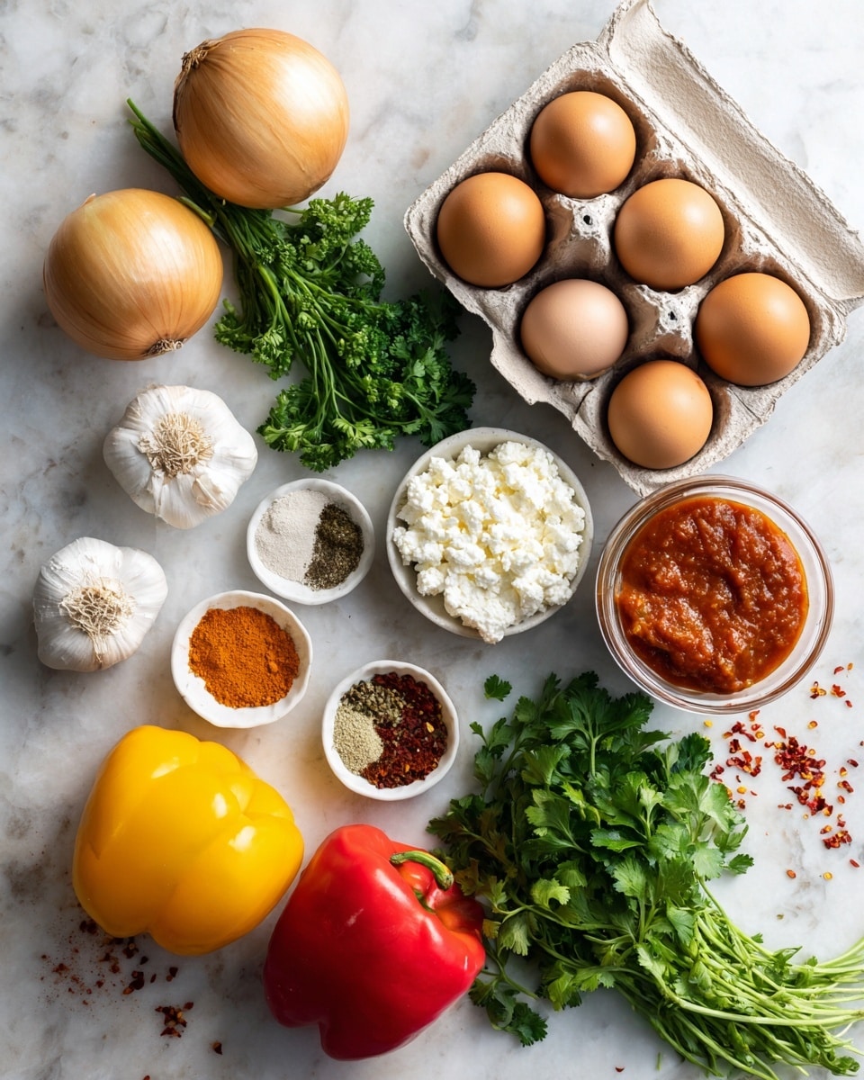 The image shows a variety of fresh ingredients placed on a white marbled surface. There are two whole yellow onions near the top left, a bunch of green parsley lying across the middle, and a whole red bell pepper below the onions. To the bottom left, several cloves of garlic are grouped together next to a whole yellow bell pepper. Near the center, a small white bowl contains four different spices arranged in separate sections. At the bottom right, a bunch of green cilantro leaves is placed next to a can filled with red sauce. On the upper right side, there is a cardboard carton holding six brown eggs, and next to it is a small bowl filled with white crumbly cheese. Some scattered red chili flakes spread lightly across the marbled surface complete the arrangement. photo taken with an iphone --ar 4:5 --v 7