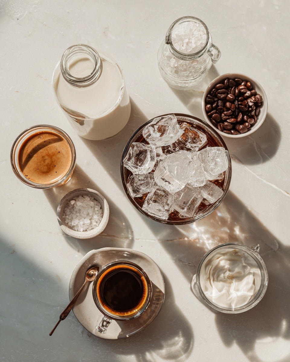 A clear glass filled with many round ice cubes sits on a white marbled surface. A stream of white milk is being poured into the glass, creating a thick liquid layer at the bottom and mixing with the ice. To the left, there is a small clear bowl filled with a smooth, creamy white liquid, and in front of it, part of a small cup with a dark brown coffee-like liquid inside is visible with a wooden handle pointing to the right. The background is plain and neutral in color. Photo taken with an iphone --ar 4:5 --v 7