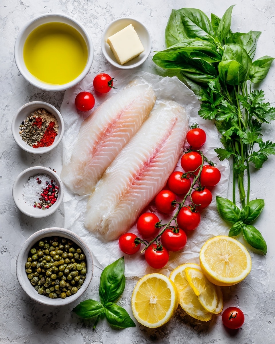 The image shows an arrangement of fresh fish fillets placed on white paper at the center, surrounded by bright red cherry tomatoes scattered around them. To the right of the fish, there is a bunch of fresh green basil leaves, and below the fish, there are sprigs of fresh parsley. Near the bottom, a small white bowl filled with green capers is visible. To the left, another small white bowl contains a mix of spices including black pepper, garlic powder, paprika, and salt. Above the spices, a white bowl holds yellow olive oil with a light sheen. A small white bowl with a square piece of creamy butter sits near the top center, and to the bottom right, there are two lemon halves with a bright yellow color. All the items rest on a white marbled surface, giving a clean and fresh look. photo taken with an iphone --ar 4:5 --v 7