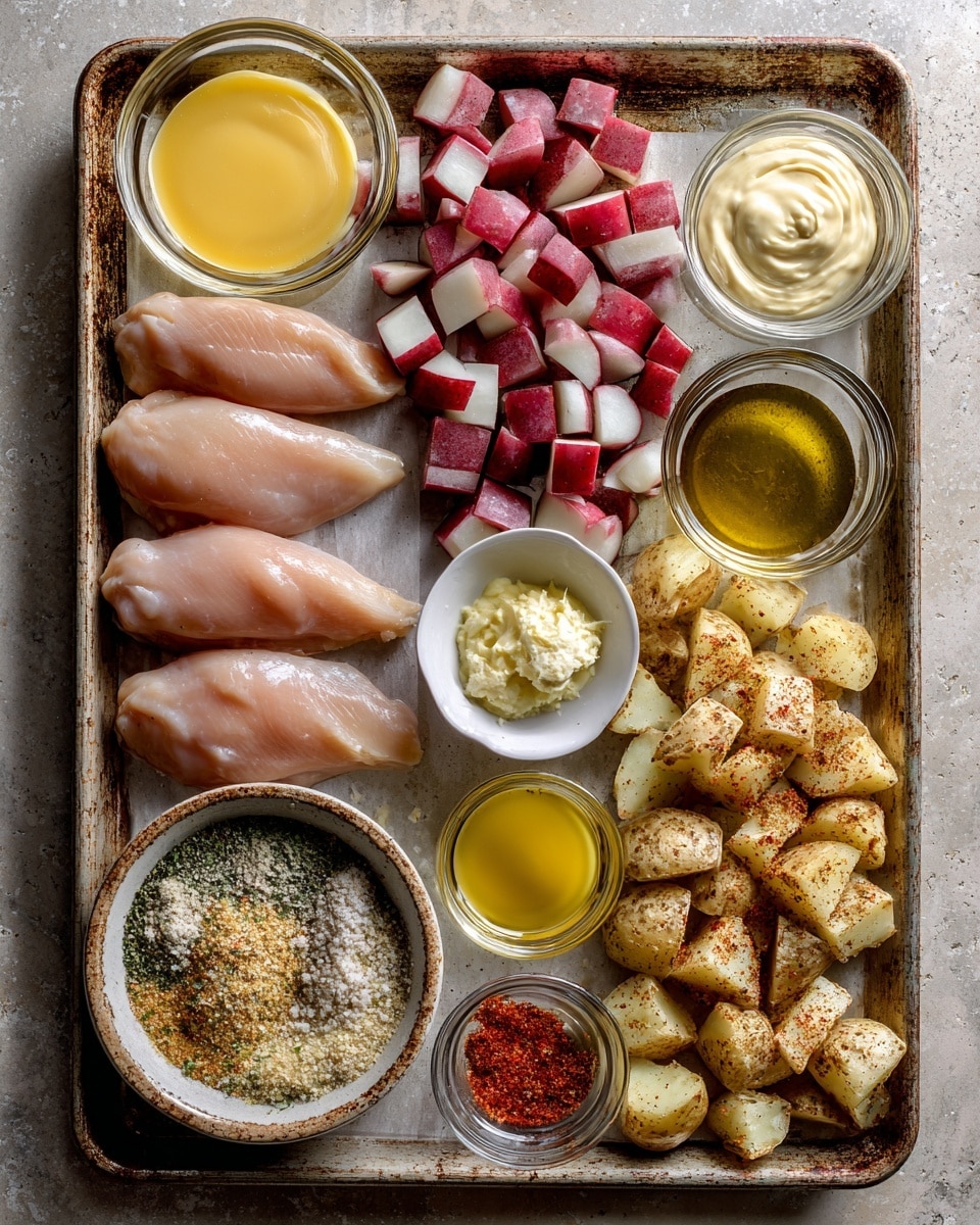 The image shows a white tray filled with crispy, golden-brown roasted potato cubes sprinkled with green herbs. To the back left of the tray, there are several breaded pieces with a rough, crumbly texture, also garnished lightly with green herbs. On the far right side, a white ramekin holds a creamy, light yellow sauce with a small wooden spoon inside. The tray is placed on a white marbled surface. photo taken with an iphone --ar 4:5 --v 7