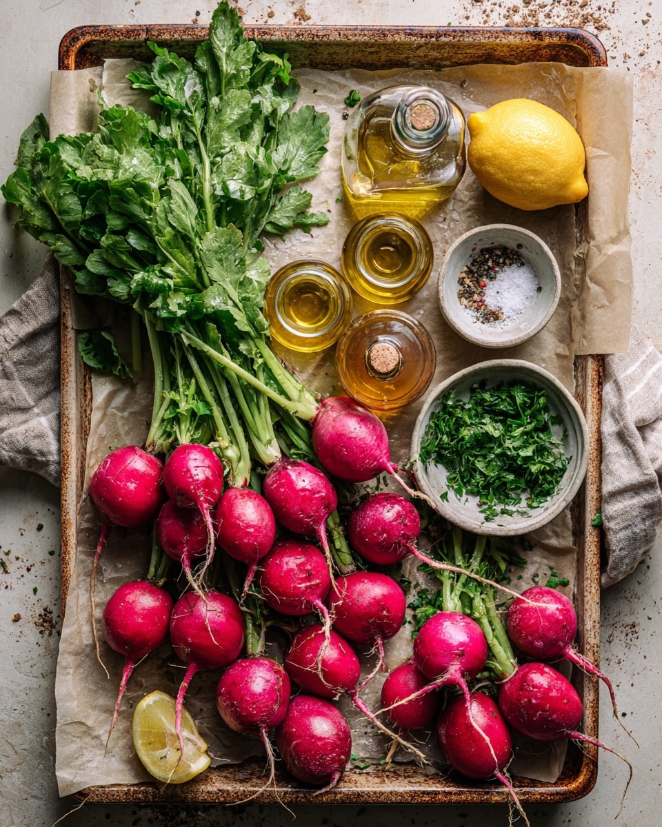 A black cast iron pan sits on a white marbled surface. Inside the pan are many pieces of radishes, some whole, some sliced in half, and some cut into smaller rounds. The radishes have bright red outer skin with white insides and some green small stems attached. The radishes are spread evenly across the pan. To the left of the pan, there is a wooden spatula, and to the right, there is a small white bowl filled with coarse salt. The overall look is fresh and clean. photo taken with an iphone --ar 4:5 --v 7