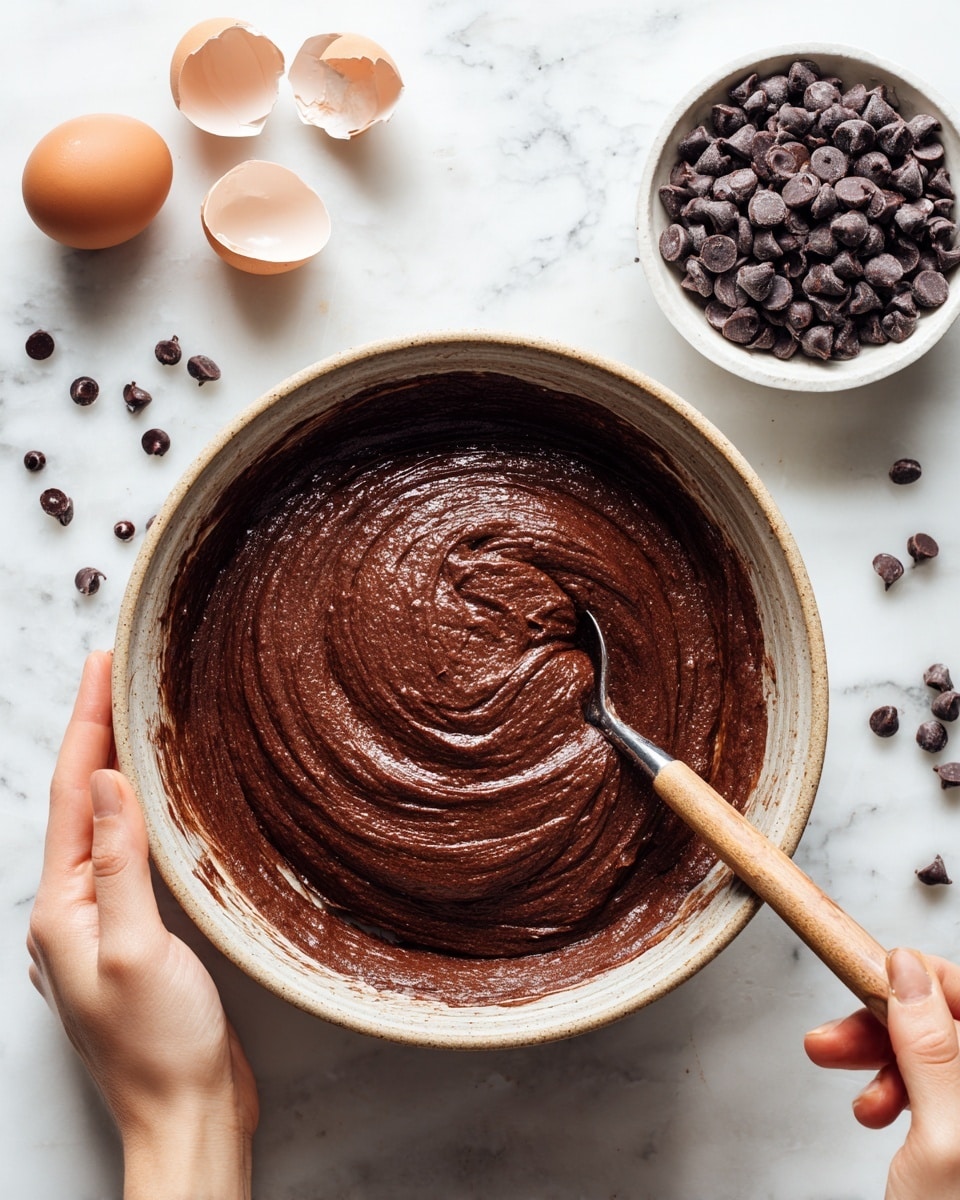 The image shows a clear mixing bowl filled with smooth, thick chocolate batter with a deep brown color, being held by a woman's hand on the left and stirred by another woman's hand on the right gripping the handle. To the upper right of the bowl is a small white bowl filled with dark chocolate chips, and to the upper left are a few cracked empty eggshells. The background is a white marbled surface, adding a clean and bright look to the scene. photo taken with an iphone --ar 4:5 --v 7